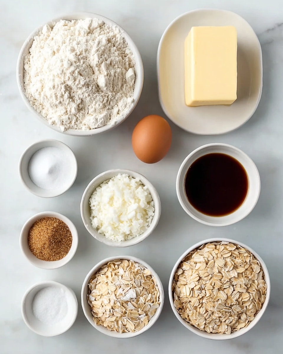 The image shows nine small white bowls and one brown egg arranged neatly on a white marbled surface. The bowls contain different baking ingredients: a large bowl of white flour with soft clumps, a rectangular block of pale yellow butter on a white plate, a deep brown liquid in a bowl, a small bowl of fine white sugar, a smaller bowl of white salt, a small bowl filled with light brown powder, a medium bowl of fluffy white coconut flakes, and another medium bowl filled with tan rolled oats. The brown egg is placed in the center among the bowls. The scene is clean and bright, with everything well organized. Photo taken with an iphone --ar 4:5 --v 7