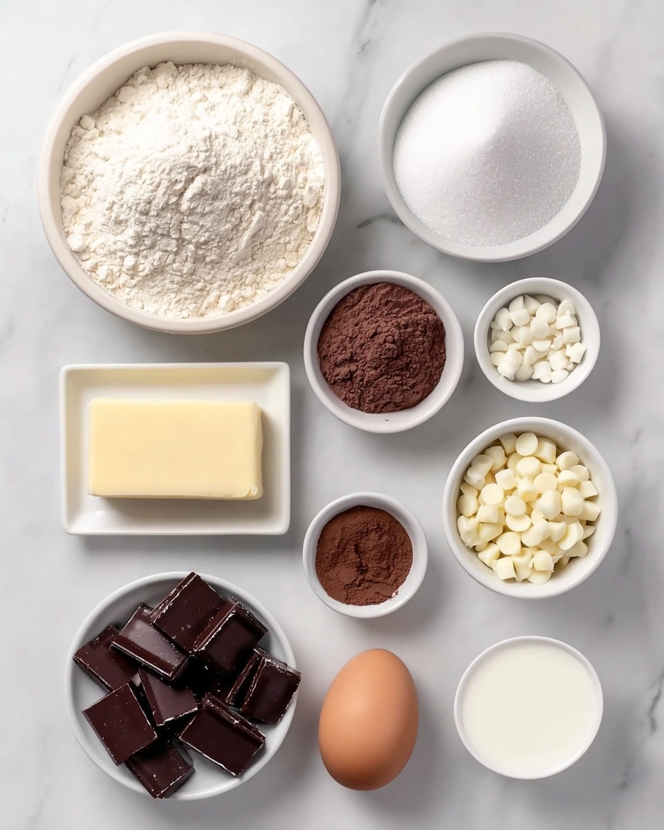 The image shows eight white dishes and one brown egg arranged neatly on a white marbled surface. Starting from the top left, there is a large round bowl filled with white flour with a slightly uneven surface. To its right, a similar large round bowl contains white granulated sugar, shaped in a gentle mound. Below the flour, there is a rectangular dish holding a pale yellow block of butter with smooth edges. In the middle row, there are three smaller round bowls: the left one has fine white salt, the middle one contains fine brown cocoa powder with a slightly sandy texture, and the right one is filled with small white chocolate chips, round and glossy. On the bottom left, a large round bowl is filled with dark chocolate chunks, square-shaped with smooth surfaces. Near the bottom center is a single smooth brown egg. Lastly, at the bottom right, a small round bowl holds a white liquid, likely milk, with a silky texture. The whole setting is clean and well-organized on the white marbled surface. photo taken with an iphone --ar 4:5 --v 7