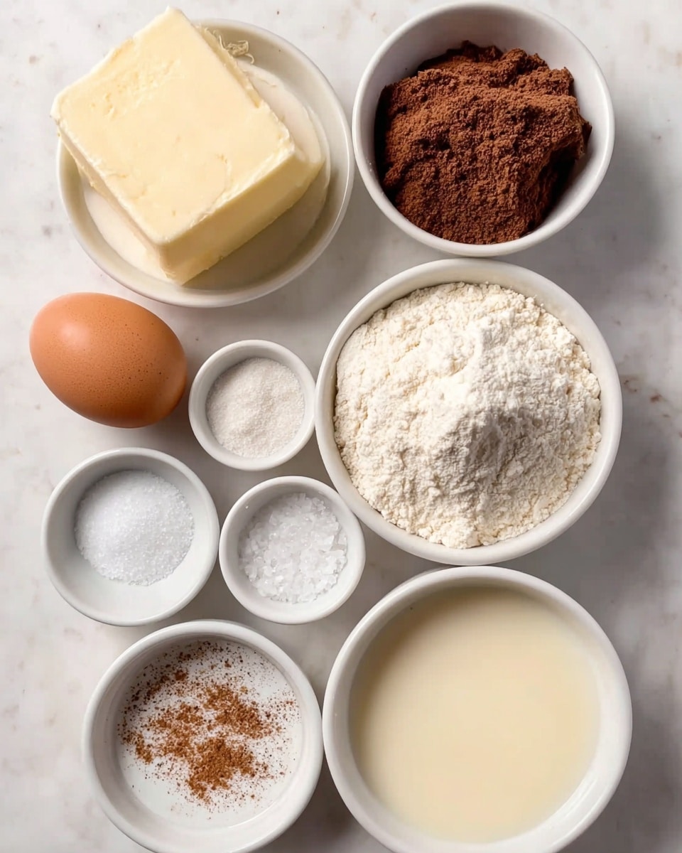 The image shows seven small white bowls and one whole brown egg arranged neatly on a white marbled surface. The largest bowl in the bottom right holds a smooth, light cream liquid. Next to it, a slightly smaller bowl is filled with fine white flour with a few lumps. Above that, a bowl contains dark brown sugar that looks moist and crumbly. Another bowl in the upper left holds a thick pale yellow block of butter. Towards the center, two tiny bowls contain white granulated sugar and white coarse salt. A small bowl on the lower left holds white granulated sugar sprinkled with brown cinnamon powder. The brown egg is placed on the left side near the smallest bowls. Photo taken with an iphone --ar 4:5 --v 7