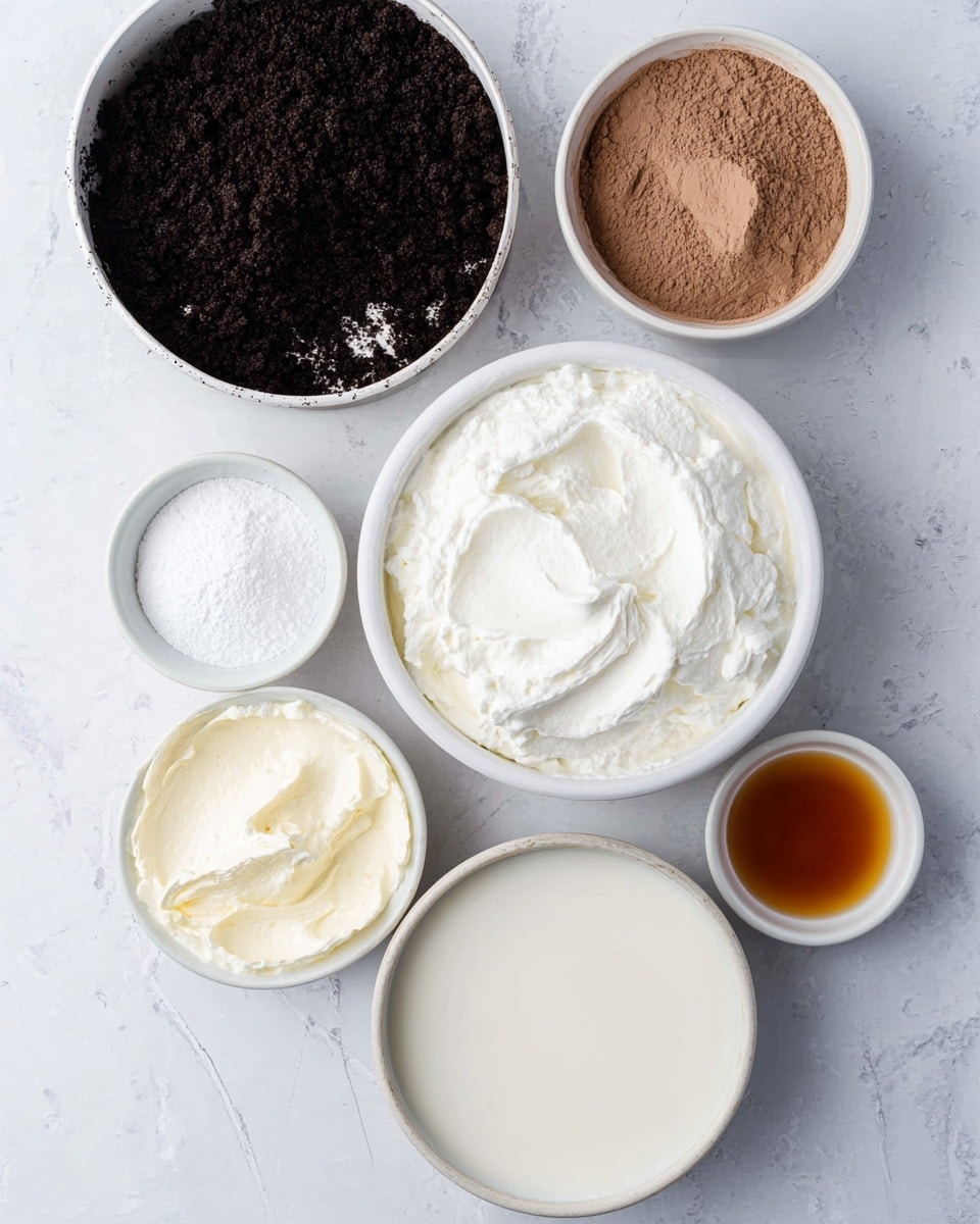 The image shows six white bowls and one white pan arranged on a white marbled surface. The top left pan contains a dark, crumbly layer, likely crushed cookies, filling the pan evenly. To the right, a bowl is filled with smooth, light brown powder, possibly cocoa powder. Below that, another bowl holds a large fluffy white layer of whipped cream. Below the pan, a smaller bowl holds a thick, pale cream layer, likely cream cheese. Next to that, a bowl is filled with fine white powdered sugar. In the bottom center, a medium white bowl contains a smooth, creamy white liquid, possibly milk or cream. To the right of that, a small white bowl holds a small amount of amber-brown liquid, likely vanilla extract. The setup suggests the ingredients for a dessert preparation. Photo taken with an iphone --ar 4:5 --v 7