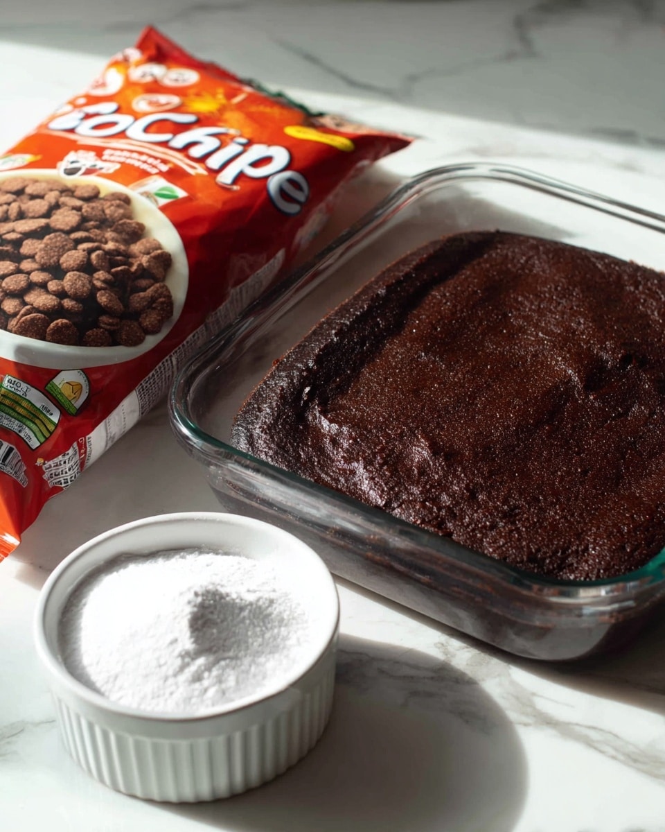 The image shows a clear glass baking dish filled with a single thick layer of dark brown, slightly textured chocolate cake sitting on a white marbled surface. In front of the dish, there is a small white ramekin filled with fine white powder, possibly powdered sugar. To the left of the dish, there is a mostly visible brown and red bag of Chocapic cereal standing upright, displaying a bowl of dark brown crunchy cereal pieces on its front. The whole setup is brightly lit with soft shadows. Photo taken with an iphone --ar 4:5 --v 7