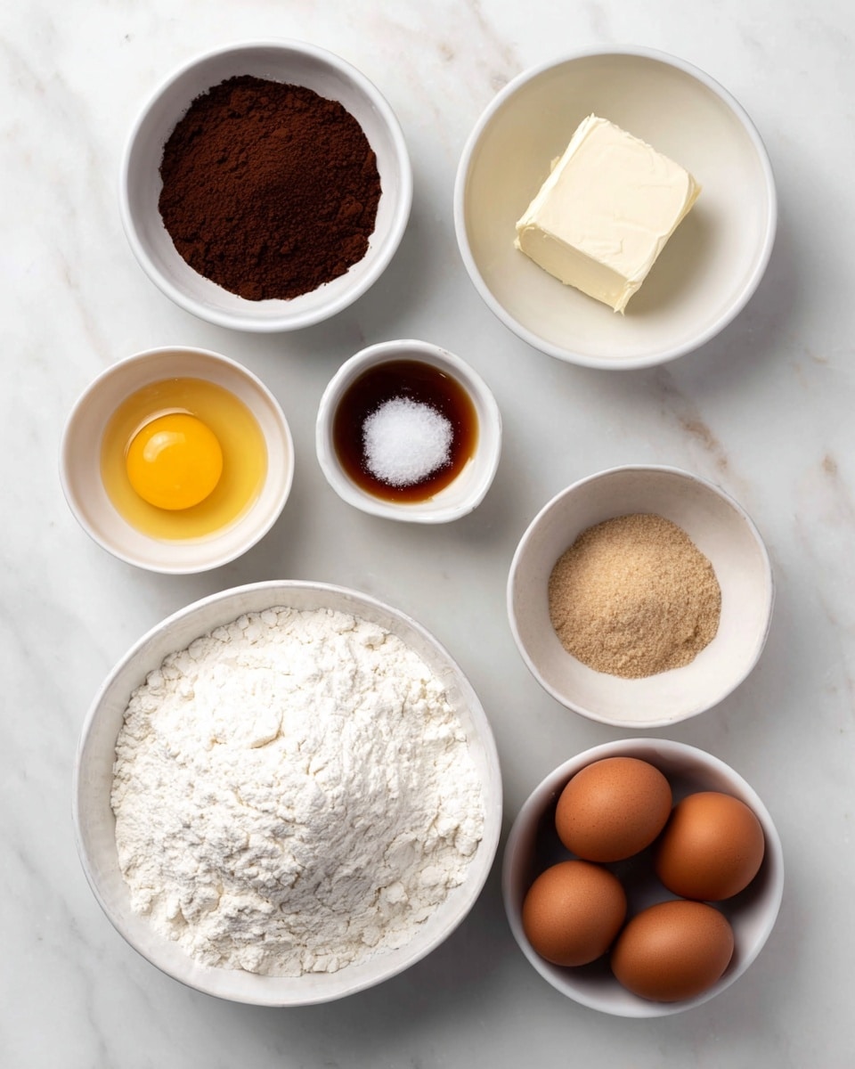The image shows seven white bowls and three brown eggs arranged on a white marbled surface. The largest bowl at the bottom left is filled with white flour, softly textured and piled high. Above this, a smaller bowl holds a single pat of white butter with a smooth surface. To its left, a bowl contains dark cocoa powder, finely ground and evenly spread. Above the butter, another bowl has light brown sugar, fluffy and slightly clumped. To the right of the sugar is a small white bowl with amber-colored vanilla extract, glossy and smooth. Below this, a small bowl of white coarse salt is visible, the crystals sparkling softly. Finally, on the top left, a white bowl contains a raw egg with a bright yellow yolk surrounded by the clear shiny egg white. The three brown eggs are placed closely together on the bottom right, their shells smooth with a slightly matte finish. photo taken with an iphone --ar 4:5 --v 7
