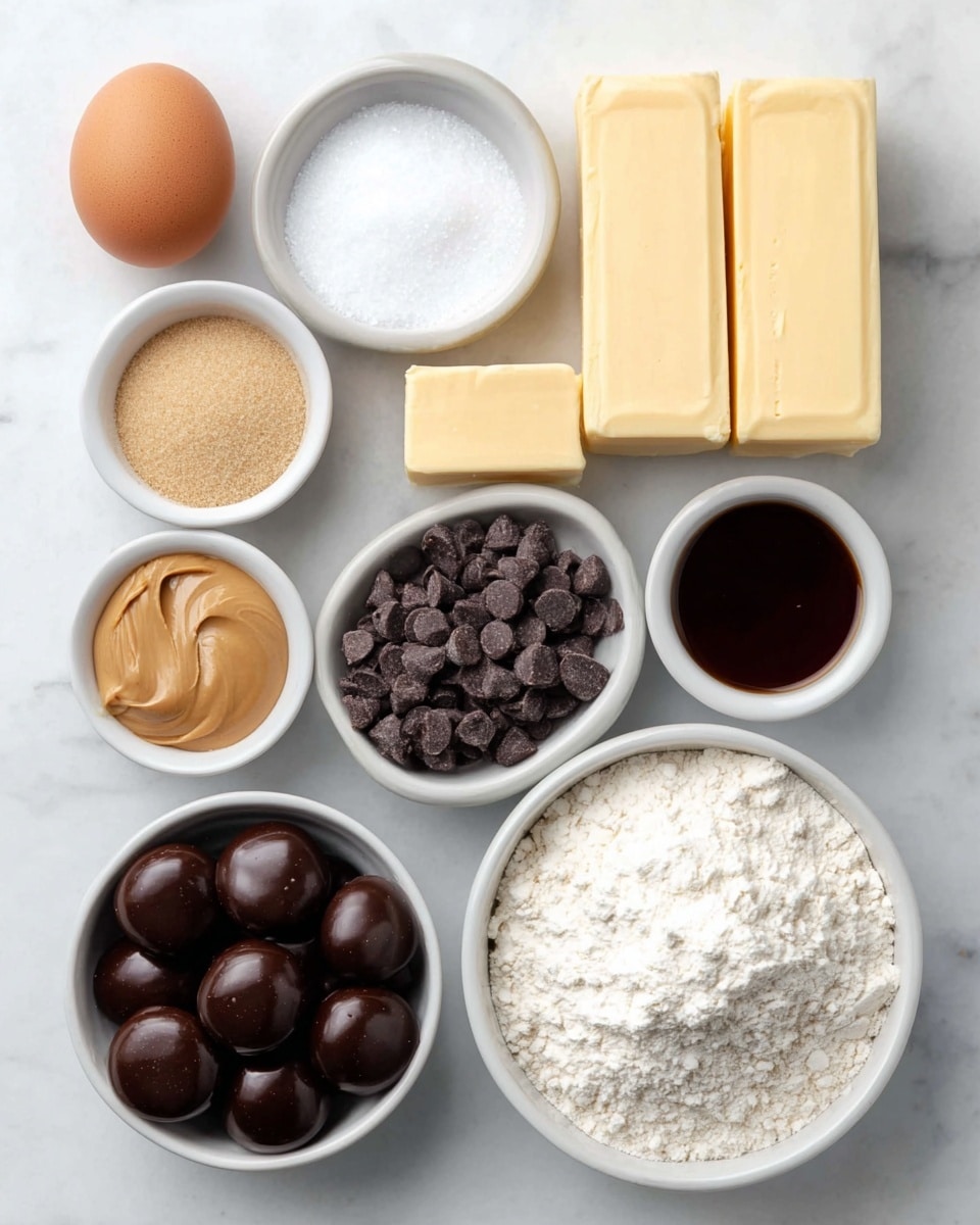 The image shows various baking ingredients neatly placed on a white marbled surface. There is one brown egg on the top left, next to two small white bowls containing white salt and light brown sugar, respectively. Below the egg and sugar, there are two thick yellow blocks of butter stacked vertically. To the right of the butter, a bowl of light beige peanut butter sits next to a tiny white bowl filled with dark brown liquid vanilla. On the right side, there is a large white bowl filled with white flour. Near the bottom left, there is a white bowl with dark chocolate-covered round candies, and to its right, a smaller white bowl filled with dark brown chocolate chips. All items are displayed cleanly and clearly. Photo taken with an iphone --ar 4:5 --v 7