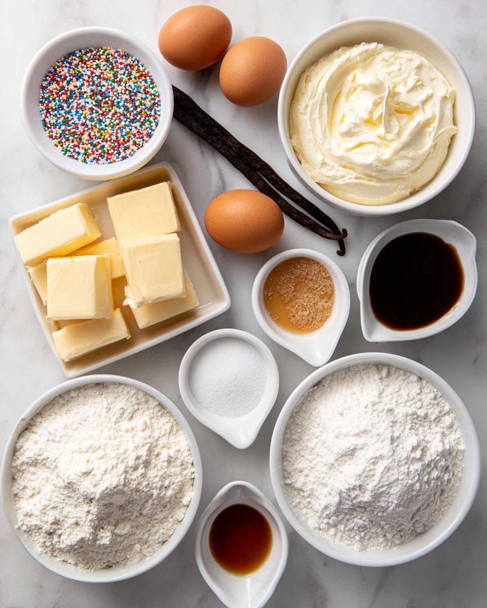 The image shows a white marbled surface with various baking ingredients arranged neatly. There are three whole brown eggs placed near the center, next to a whole dark brown vanilla bean. A rectangular white dish holds four blocks of pale yellow butter at the bottom left. Two white bowls contain white powdery flour, one larger and one smaller, positioned at the right and left edges. Another white bowl near the top center is filled with creamy white softened butter or cream cheese. Two small white pouring dishes hold white granulated sugar and light brown caramel or syrup, placed near the middle right. A small white bowl at the top left is filled with colorful round sprinkles, and a small white bowl at the bottom right contains a dark liquid, likely vanilla extract. The arrangement is clean and organized, all on a smooth white marble background photo taken with an iphone --ar 4:5 --v 7