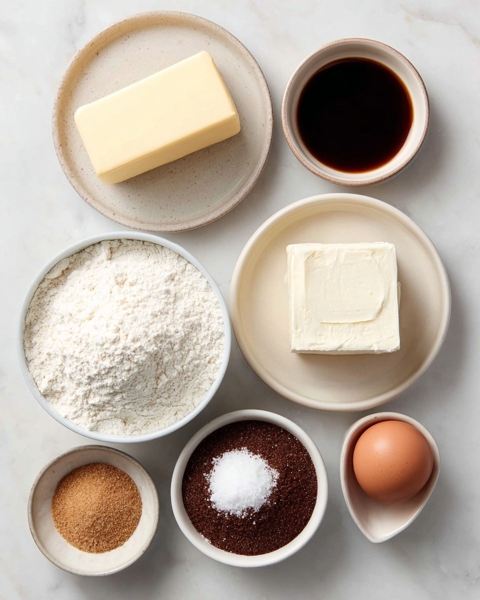 The image shows seven white bowls and dishes with different baking ingredients on a white marbled surface. The largest bowl at the bottom left is filled with white flour with a soft, powdery texture. Above it, there is a round dish holding a solid block of pale yellow butter. To the right of the butter is a round bowl containing dark brown vanilla or syrup with a smooth surface. Below that bowl is another round bowl filled with white granulated sugar, showing a fine and even texture. To the right of the sugar, a small square dish holds a cream cheese block with a smooth creamy texture. Below this dish is a round bowl filled with brown sugar, showing a moist and clumpy texture. In the center near the bottom is a single brown egg with a smooth shell. To the left of the egg is a small round bowl with light brown sugar or spice, showing a fine grainy texture. photo taken with an iphone --ar 4:5 --v 7