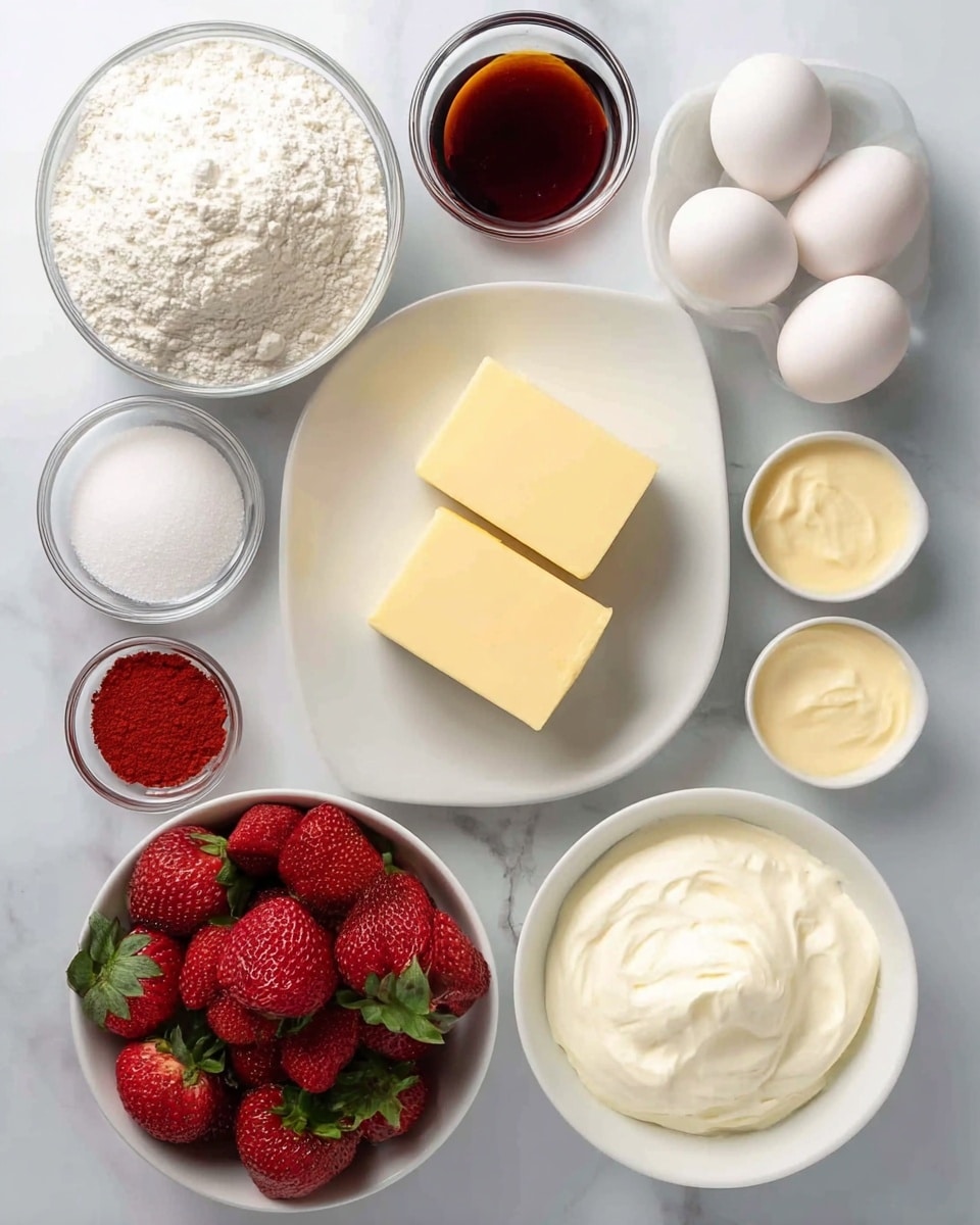 The image shows a top view of several white bowls and plates arranged neatly on a white marbled surface, each holding different baking ingredients. In the center is a white plate with two square blocks of pale yellow butter stacked. Surrounding it are three white eggs positioned near a small white bowl with a dark brown liquid, likely vanilla extract. To the left, there is a clear bowl filled with white flour and a smaller bowl of bright red powder, possibly a spice. There is also a small bowl with a white granulated substance, likely sugar, and another bowl with a pale yellow powder. A larger white bowl at the bottom right is filled with bright red strawberries with green leaves. Finally, a bowl of creamy white substance with a smooth texture, likely whipped cream or a similar dairy product, completes the set. Photo taken with an iphone --ar 4:5 --v 7