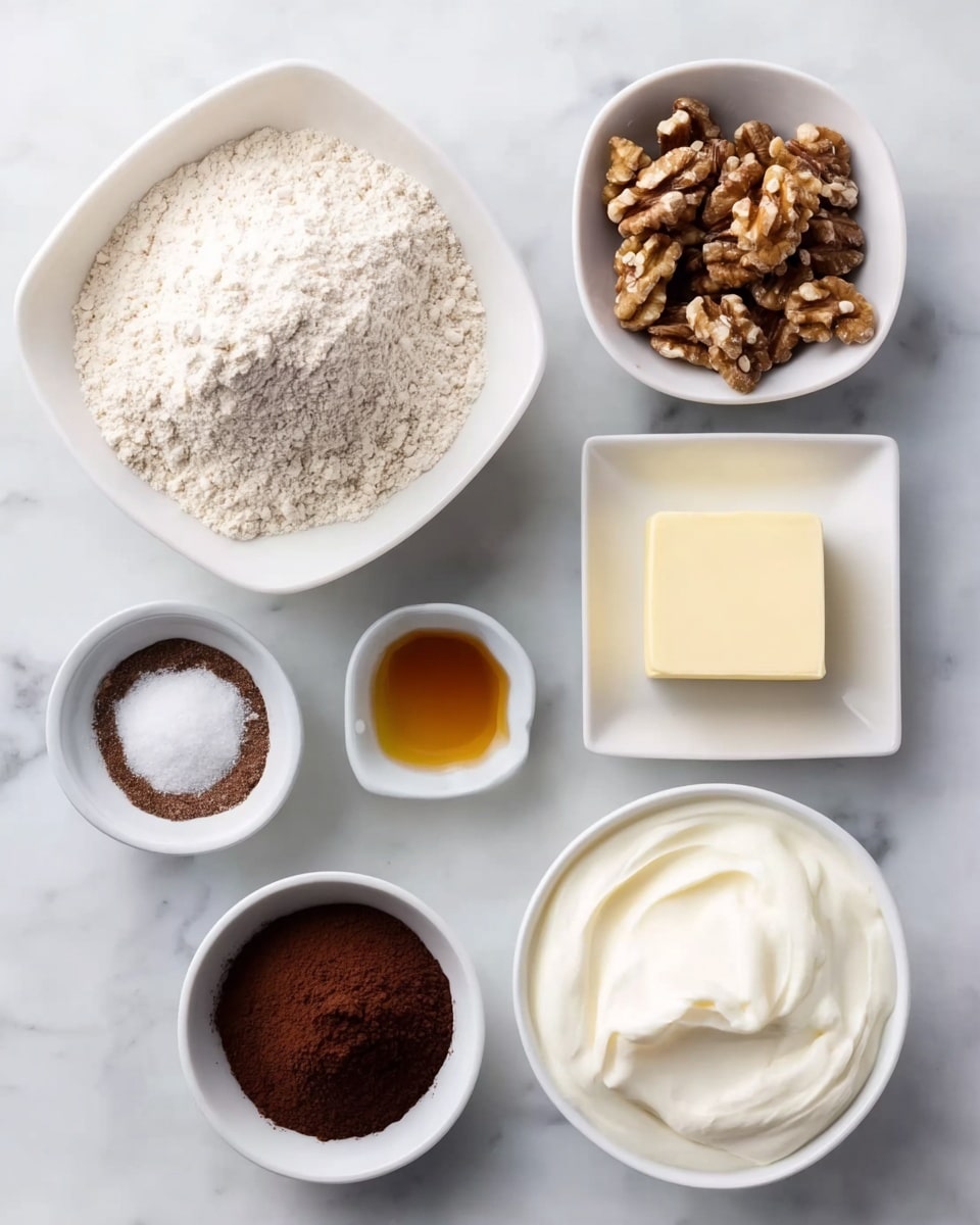 The image shows eight white dishes arranged on a white marbled surface. The largest dish holds a heap of light beige flour with a soft, powdery texture. Next to it, a dish is filled with brown walnuts that have a rough, wrinkled texture. Below, there is a small dish containing a dark brown powder, likely cocoa, with a fine, soft surface. Another small dish holds a white granular substance, possibly sugar. There is a small dish of a pale yellow liquid, and beside it, a small dish of a dark amber liquid, both smooth and shiny. A square slab of pale yellow butter with a smooth surface sits on a separate white plate. Finally, a white bowl contains a thick, creamy white substance with a soft texture. Photo taken with an iphone --ar 4:5 --v 7