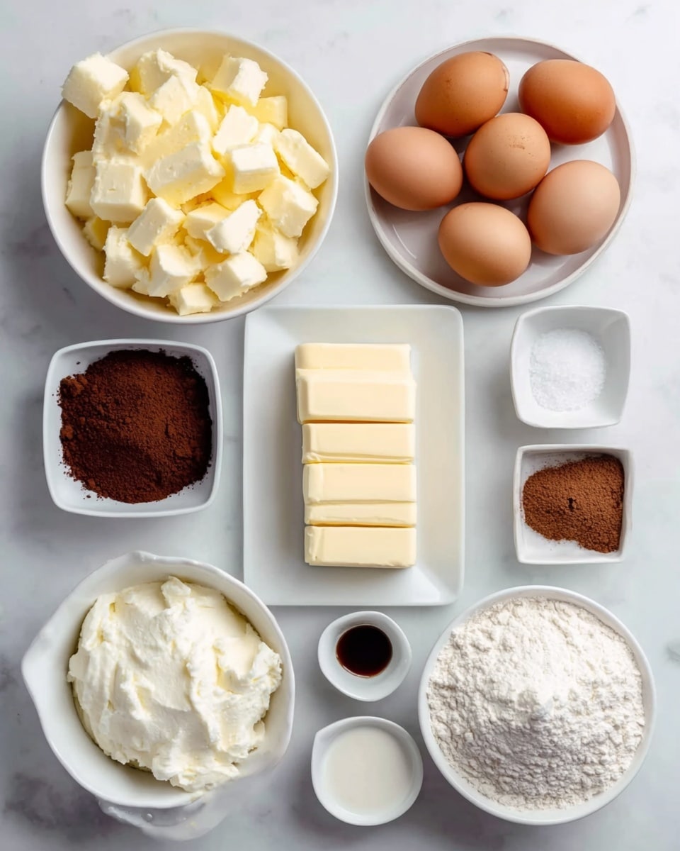 The image shows several white bowls and small white dishes arranged on a white marbled surface, each filled with different baking ingredients. At the top left is a white bowl filled with chunky, light yellow pieces of butter or cheese. To its right, a white plate holds four brown eggs. Below these, a rectangular white plate displays a block of pale yellow butter, neatly segmented. Moving down, a white bowl is filled with soft, lumpy white cheese or cream. Next to it is another white bowl piled high with fine white flour. Scattered between these larger bowls are three small white dishes containing brown sugar, granulated white sugar, and cocoa powder, plus two more small dishes holding a dark liquid (possibly vanilla extract) and a white liquid (likely cream or milk). photo taken with an iphone --ar 4:5 --v 7
