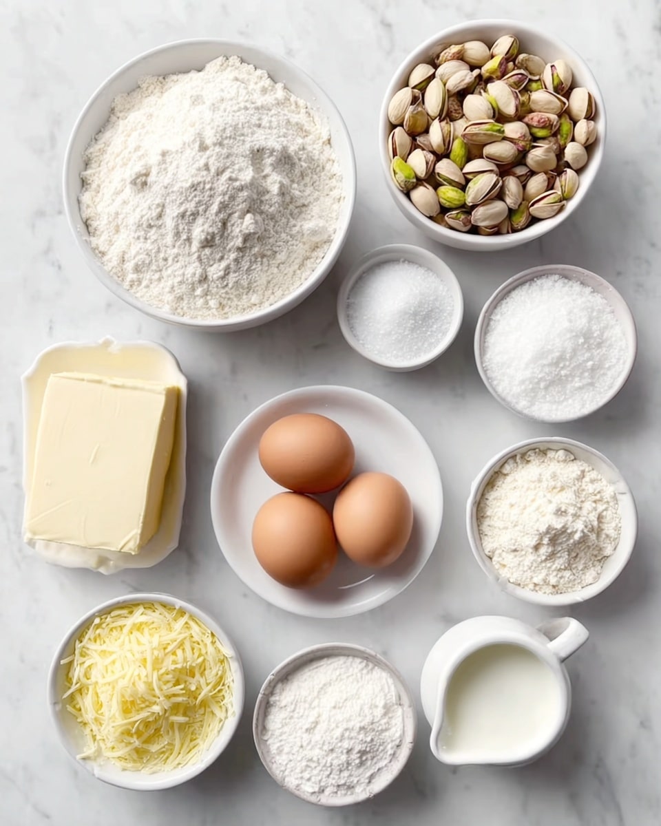 The image shows nine bowls and plates arranged closely on a white marbled surface. There are three brown eggs placed together on a small white plate near the center. To the top left, a large white bowl is heaped with white flour, and to the top right, another large white bowl contains light brown pistachios in shells. Below the flour bowl, a small white bowl holds white granulated sugar. Beneath the eggs, a medium white bowl contains a large pale block of butter. Near the bottom left, a small white bowl has yellow shredded cheese, and next to it, another small white bowl contains fine white powdered sugar. To the bottom right, a small white pitcher-like bowl is filled with a white liquid, and above it to the right, a medium white bowl holds more white powdered substance, likely flour or starch. All items are cleanly arranged with clear, natural lighting. photo taken with an iphone --ar 4:5 --v 7
