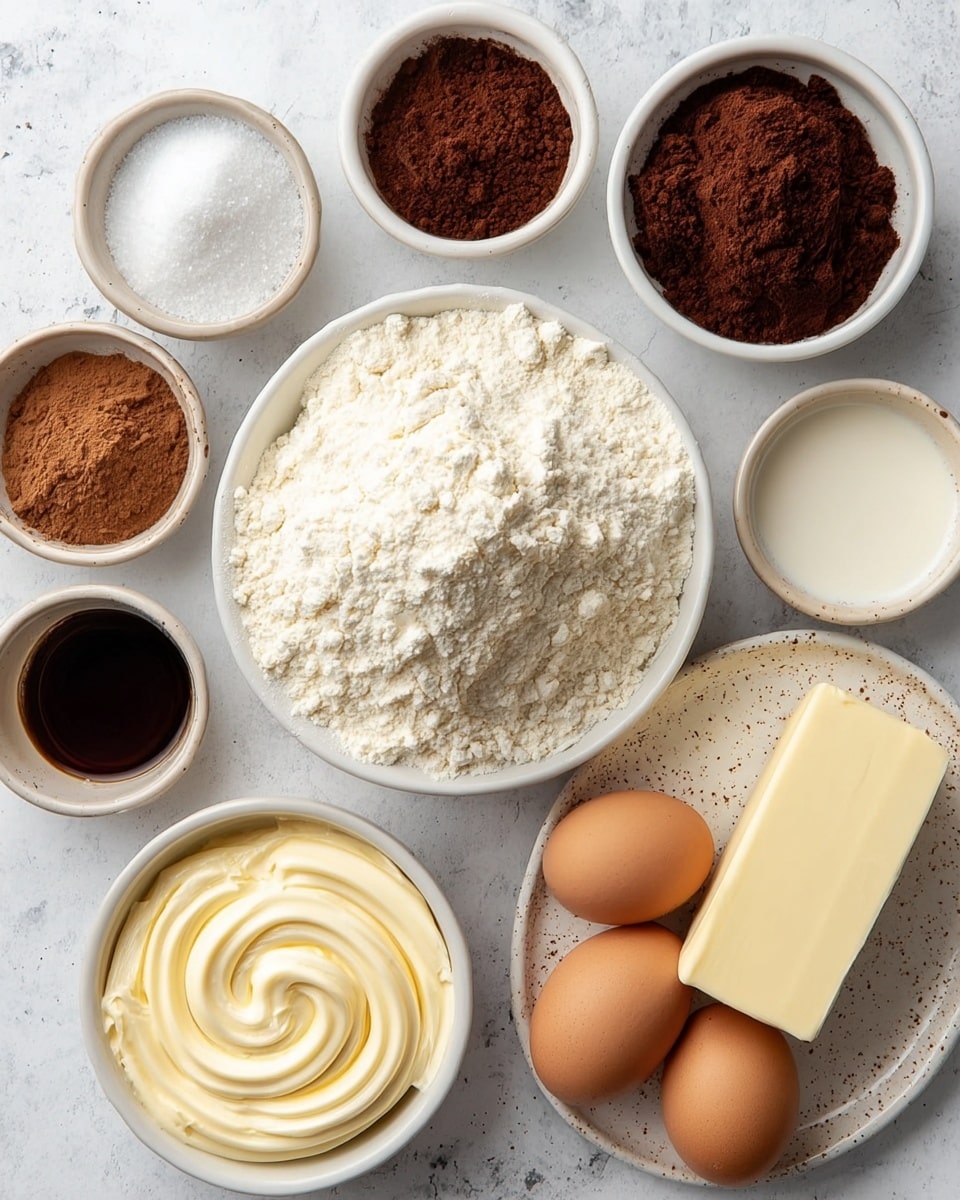 A top view of baking ingredients arranged neatly on a white marbled texture. At the center is a white bowl filled with a mound of white flour, showing a crumbly texture. Surrounding it are small white bowls holding dark brown cocoa powder with a fine texture, light brown cinnamon powder, granulated white sugar, and a dark liquid that looks like vanilla extract. There is a white bowl filled with creamy butter spread in smooth swirls. Three brown eggs lie on the surface, with a block of light yellow butter on a white plate with speckles. Everything is laid out clearly and evenly spaced. Photo taken with an iphone --ar 4:5 --v 7