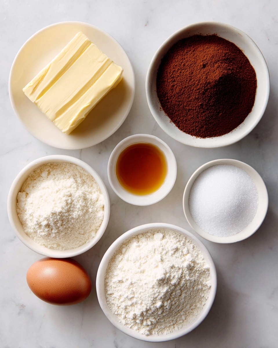 The image shows six main ingredients neatly arranged on a white marbled surface: in the top left, a solid block of pale yellow butter with a smooth texture; to its right, a white bowl filled with finely ground, dark brown cinnamon powder; below the butter, a brown egg with a smooth shell; beside the egg, a tiny white dish holding a small amount of amber-colored vanilla extract; below the vanilla, a white bowl heaped with off-white flour, fluffy and powdery; to the right of the flour, a white bowl filled with granulated white sugar, mounded slightly; and below the sugar, another white bowl with a white granular substance, slightly coarser in texture, possibly salt or baking soda, all set against a clean, white marbled background photo taken with an iphone --ar 4:5 --v 7
