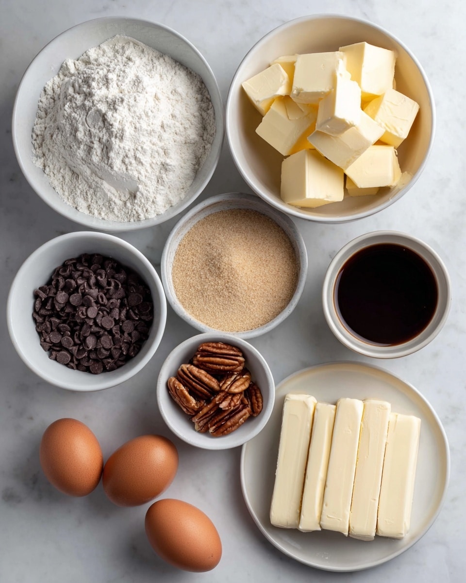 The image shows several white bowls and a white plate arranged on a white marbled surface, each holding different baking ingredients. One bowl contains yellow butter cubes stacked together. Another bowl holds a light brown granulated substance. Three brown eggs rest next to the bowls. A bowl of white flour sits alongside a smaller bowl filled with small dark chocolate chips. There is a bowl with dark brown liquid, most likely coffee or a syrupy ingredient. Another small bowl contains pecan nuts, and the white plate carries three rectangular sticks of cream cheese arranged neatly in a row. The whole setup is clean and bright, with natural lighting highlighting textures and colors. photo taken with an iphone --ar 4:5 --v 7