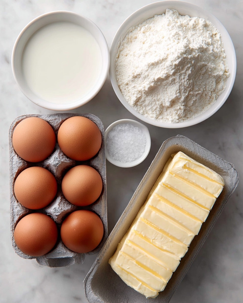 The image shows six brown eggs in a grey carton tray on the lower right side, next to four small white bowls arranged around it. The top right bowl is filled with white flour piled high with a rough texture, the top left bowl holds smooth white milk, the bottom left bowl contains white coarse salt crystals, and the bottom center bowl has a thick rectangular pale yellow butter with soft ridges on its surface. All items are placed on a white marbled surface. photo taken with an iphone --ar 4:5 --v 7