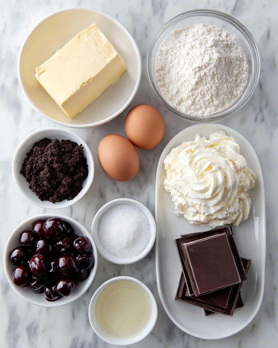 The image shows nine ingredients placed neatly on a white marbled surface. In the center left, a white bowl holds a large block of pale yellow butter. Just above it to the right, a clear glass bowl contains fine white flour. Two brown eggs sit side by side in the middle. Below the eggs, a white bowl is filled with whipped cream that looks light and fluffy. Next to it on the right, a white oval plate holds several pieces of dark brown chocolate squares stacked in layers. On the bottom left, a white bowl contains shiny dark cherries. Just above it to the left, another white bowl is filled with dark, crumbly crumbs. Below the cherries, a tiny glass bowl holds white granulated sugar. Near the center bottom, a small white bowl has a clear, pale yellow liquid. All the items are arranged carefully with clear textures and natural colors visible, photo taken with an iphone --ar 4:5 --v 7
