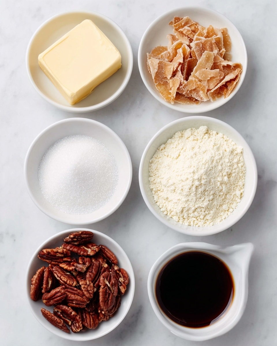 Six small white bowls are placed on a white marbled surface in two rows. The top row has three bowls: the left bowl holds a solid, pale yellow square of butter with smooth edges; the middle bowl contains light brown crinkled pieces of dried chips; the right bowl is filled with a white, powdered flour with a slightly rough texture. The bottom row also has three bowls: the left one is full of white granulated sugar with a grainy surface; the middle bowl has a pile of dark brown pecan halves with wrinkled shells; the right bowl holds a dark brown liquid that almost fills the bowl, with a glossy texture. photo taken with an iphone --ar 4:5 --v 7