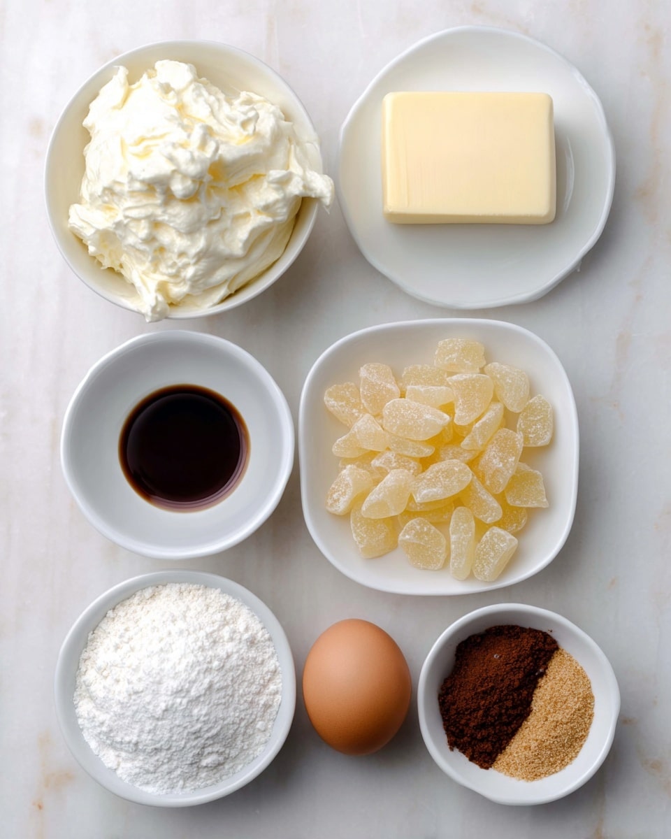 The image shows seven white bowls and one brown egg arranged neatly on a white marbled surface. Starting from top left, there is a white bowl filled with a creamy, whipped white substance with a soft texture. To its right, a solid pale yellow block of butter rests on a white plate. Below the butter, a dark brown liquid fills a small white bowl. At the bottom right, a white dish holds many pale, translucent yellow candied ginger pieces coated lightly in sugar. At the bottom left, a white bowl is heaped with fine white flour. Above it, a small white bowl contains coarse dark brown sugar. To the right of the sugar is a smaller white bowl with light brown granulated spice, and in the center lies a single smooth brown egg. Photo taken with an iphone --ar 4:5 --v 7