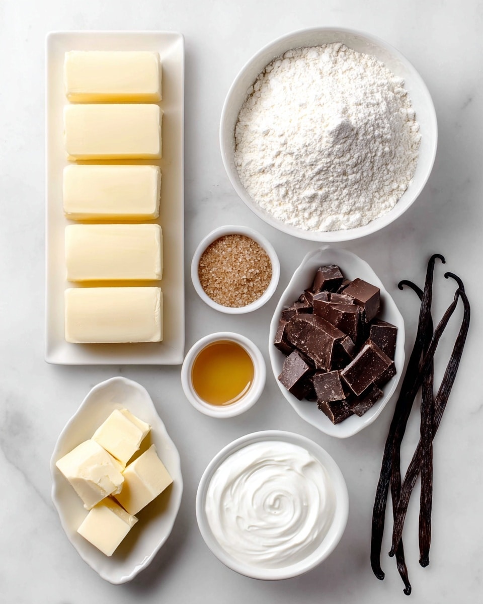 The image shows several white dishes and a rectangular white plate arranged neatly on a white marbled surface. The rectangular plate holds four large, smooth, pale yellow blocks of butter stacked vertically. Above it to the right, a large white bowl is filled with fine white flour, heaped high with a soft, powdery texture. Below the large bowl, another white bowl contains dark brown, irregularly chopped chocolate chunks. To the right of the flour, two dry vanilla beans lay side by side, dark and wrinkled with a slightly shiny surface. Near the center, small white bowls hold different ingredients: one has light brown sugar with coarse grains, another has a thick white cream with a smooth swirl on top, a third bowl holds golden liquid honey or syrup, and a fourth contains coarse white salt crystals. On the bottom left, a leaf-shaped white dish holds several small cubes of pale yellow butter. The arrangement is clean and bright with soft natural light, emphasizing the textures and colors of each ingredient. photo taken with an iphone --ar 4:5 --v 7