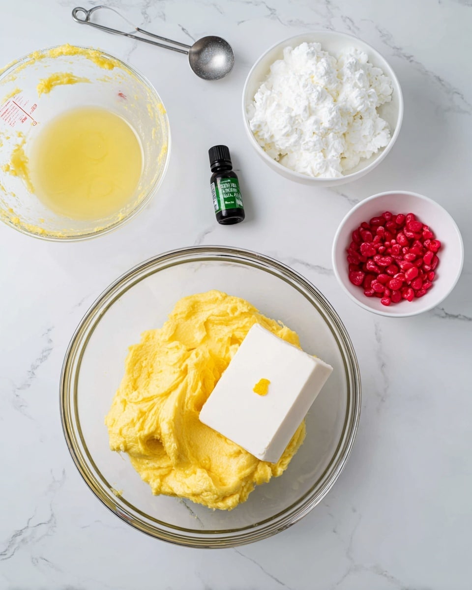In a clear glass bowl on a white marbled surface, there are two main layers inside: on the left, a soft, yellow mashed texture, and on the right, a solid white block of cream cheese with a small yellow spot on top. Surrounding the bowl, there is a small white bowl filled with bright red small candy pieces on the right, and above it, a white bowl filled with fluffy white whipped cream. Above the glass bowl and slightly to the left is a small black bottle labeled green food coloring, and to the top left is a larger clear glass bowl with yellow batter residue inside and a metal measuring spoon nearby. photo taken with an iphone --ar 4:5 --v 7