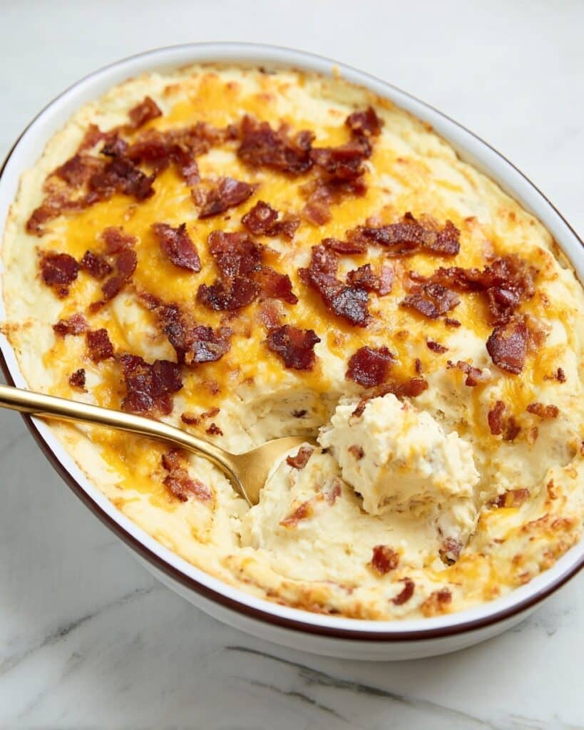 Creamy Mashed Potato Casserole with Cheddar, Bacon, and Chives Recipe
