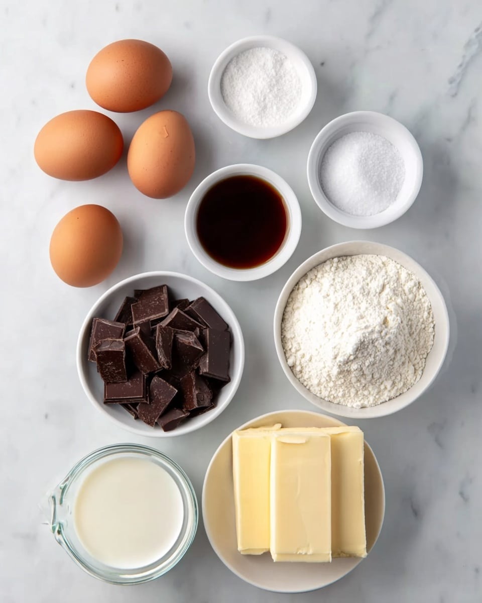 The image shows several ingredients arranged neatly on a white marbled surface. There are three brown eggs positioned in a triangular shape near the center left. Above them, three small white bowls hold white granulated sugar, salt, and a dark brown liquid which looks like vanilla extract. To the right of the eggs is a medium white bowl filled with fine white flour, while below it, a white bowl contains dark chocolate chunks. At the bottom left, a small clear glass cup has milk, next to it a very small white bowl holds a light brown liquid, possibly more vanilla or honey. A larger white bowl at the bottom left features two square blocks of pale yellow butter. All items appear clean and ready for baking preparation. Photo taken with an iphone --ar 4:5 --v 7