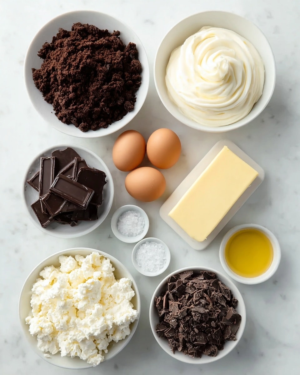 The image shows seven white bowls and plates arranged on a white marbled surface, each containing different ingredients. In the top left is a bowl filled with dark brown, crumbly chocolate cookie crumbs. To the right is a smaller bowl with smooth, white cream swirled on top. Next to it are two whole brown eggs resting directly on the surface. Below the eggs is a cluster of dark chocolate squares stacked unevenly. In the bottom left is a bowl piled high with soft, white cottage cheese or ricotta. To the right of that is a bowl with dark chocolate shavings. Near the center of the layout is a rectangular block of light yellow butter. A small white bowl filled with a golden-yellow liquid, likely melted butter or oil, sits left of the butter. There are two tiny white round containers with granulated white sugar and salt near the chocolate. The light and clean setup emphasizes the different textures and colors of each ingredient. photo taken with an iphone --ar 4:5 --v 7