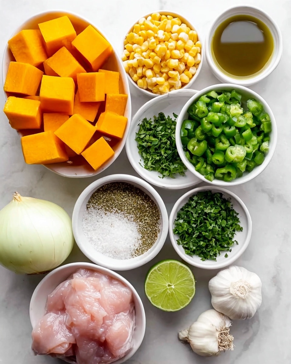 The image shows ingredients arranged neatly on a white marbled surface. There are seven small white bowls containing different items: orange cubes of butternut squash, yellow and white corn kernels, finely chopped green jalapeños mixed with cilantro, a pile of green bell pepper, olive oil, and dried seasoning. There is a large white onion and two garlic cloves near the bottom left. Half a lime sits near the center. A white bowl holds a chunk of raw light pink chicken nearby. The colors are fresh and vibrant with a mix of green, orange, yellow, white, and pink tones. photo taken with an iphone --ar 4:5 --v 7