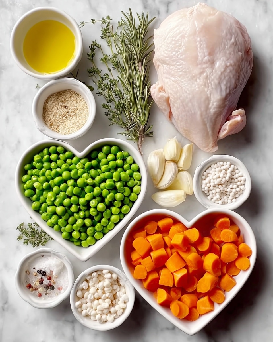 The image shows raw ingredients arranged on a white marbled surface. There is a large piece of raw chicken in the top right corner. Next to it, there are fresh green sprigs of rosemary and thyme. Below the chicken, there is a white bowl filled with bright green peas, and next to it, a white bowl with small white round tapioca pearls. Above that, a white bowl holds freshly grated ginger. A few cloves of garlic sit in a white bowl, and beside that, another bowl contains a mix of salt, pepper, and herbs. At the top left, there is a white bowl filled with golden yellow oil. In the center, a heart-shaped white bowl is filled with sliced orange carrots. The arrangement is neat and colorful, with each item clearly visible. photo taken with an iphone --ar 4:5 --v 7