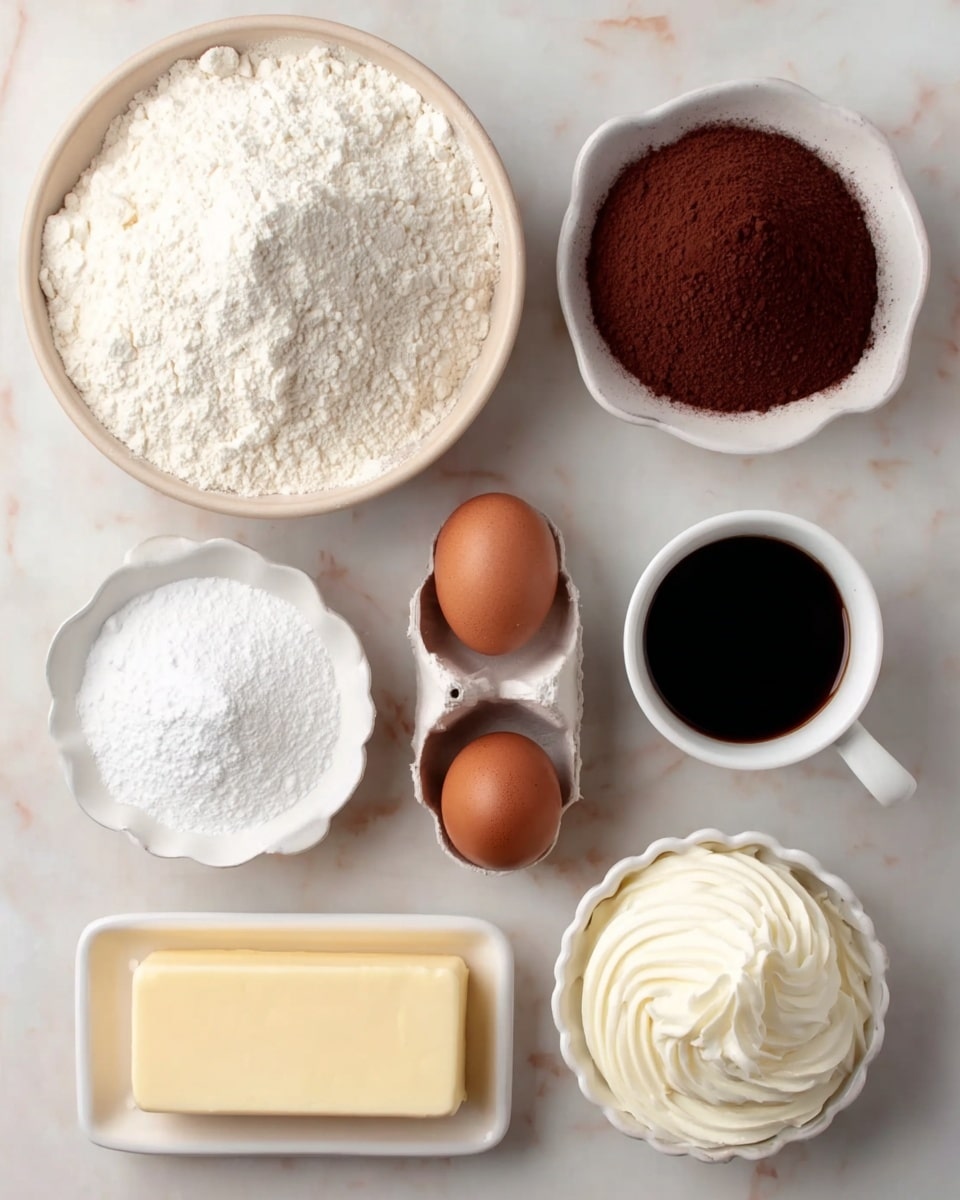 The image shows eight white dishes and items arranged neatly on a white marbled surface. At the top left, there is a large bowl filled with white flour, piled high with a soft, powdery texture. To its right, a smaller bowl contains dark brown cocoa powder with a fine, even texture. Below the cocoa, a white cup holds a dark liquid, likely coffee or vanilla extract. Below the flour is another bowl filled with white powdered sugar, looking light and fluffy. Next to the powdered sugar are three brown eggs, two resting on the marble and one placed in a small white egg holder with a scalloped edge. In the bottom left corner is a rectangular dish with pale yellow butter, showing a smooth and slightly creamy surface. At the bottom right, a small bowl contains white whipped cream or frosting, with a swirled, fluffy texture. photo taken with an iphone --ar 4:5 --v 7