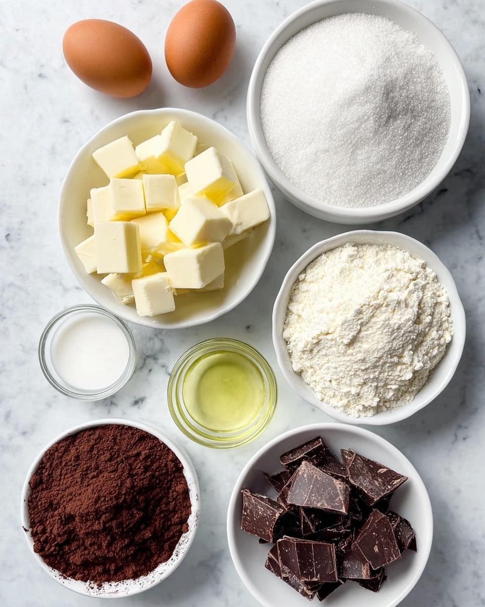 The image shows baking ingredients arranged neatly on a white marbled surface. There are two brown eggs placed close to a white bowl filled with granulated sugar. Next to it, a white bowl holds white flour with a powdery texture. Below, a white bowl contains chunks of pale yellow butter. In small clear glass bowls, there is a pale yellow liquid (likely oil) and a small amount of white liquid (possibly milk). At the bottom, a white bowl is filled with dark brown cocoa powder, and beside it, another white bowl holds rough chunks of dark chocolate. The setup is clean and well-organized, with all items displayed separately photo taken with an iphone --ar 4:5 --v 7