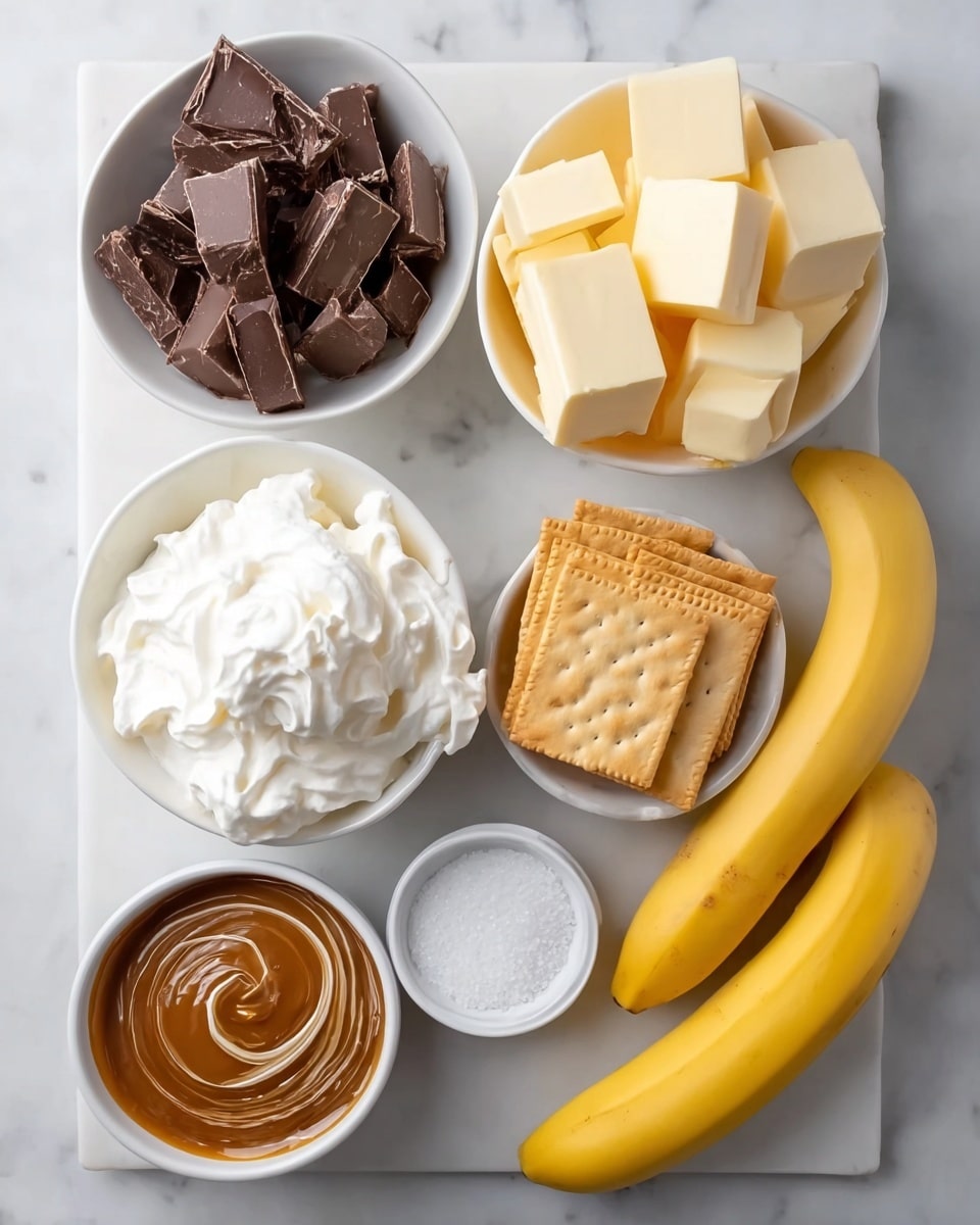 The image shows six white bowls and two whole yellow bananas arranged on a white marbled surface. Starting from the top right, a white bowl holds seven square blocks of pale yellow butter stacked unevenly. Below that, another white bowl is filled with a fluffy mound of white whipped cream. To the left of the whipped cream is a bowl filled with irregular chunks of dark brown chocolate. Above the chocolate, a small bowl contains smooth, glossy brown caramel sauce with swirled texture on top. Next to the caramel, a bowl of square golden crackers is stacked slightly overlapping. Above the crackers is a bowl of fine white salt. The two bananas lie beside the bowls, pointing diagonally across the frame. Photo taken with an iphone --ar 4:5 --v 7