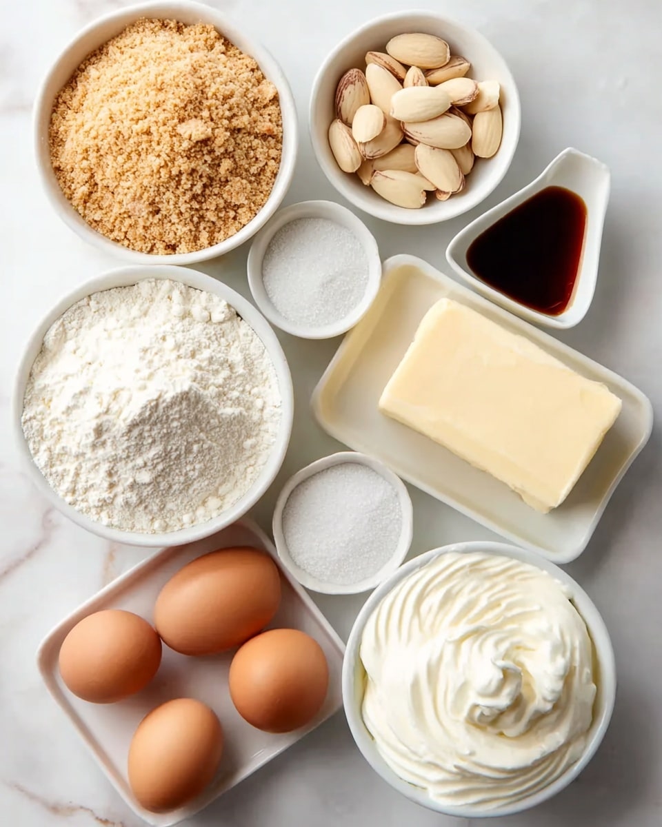 The image shows seven white bowls and a white rectangular dish arranged on a white marbled surface. In the top left, a bowl is filled with light brown breadcrumbs with uneven texture. Below it, another bowl holds whole peeled almonds, ivory colored and smooth. Next to the almonds is a bowl of fluffy off-white flour with a soft, powdery texture. Above the almonds and next to the breadcrumbs, there is a small bowl of dark brown liquid, likely vanilla extract. Beside that, a white rectangular dish holds a light yellow solid block of butter with a smooth surface showing a marked edge. Below the butter and to the right are three whole brown eggs scattered on the surface. In the bottom right corner, a bowl is filled with thick white whipped cream, swirled softly. Above the whipped cream and to the left is a small white bowl filled with white granulated sugar. Photo taken with an iphone --ar 4:5 --v 7