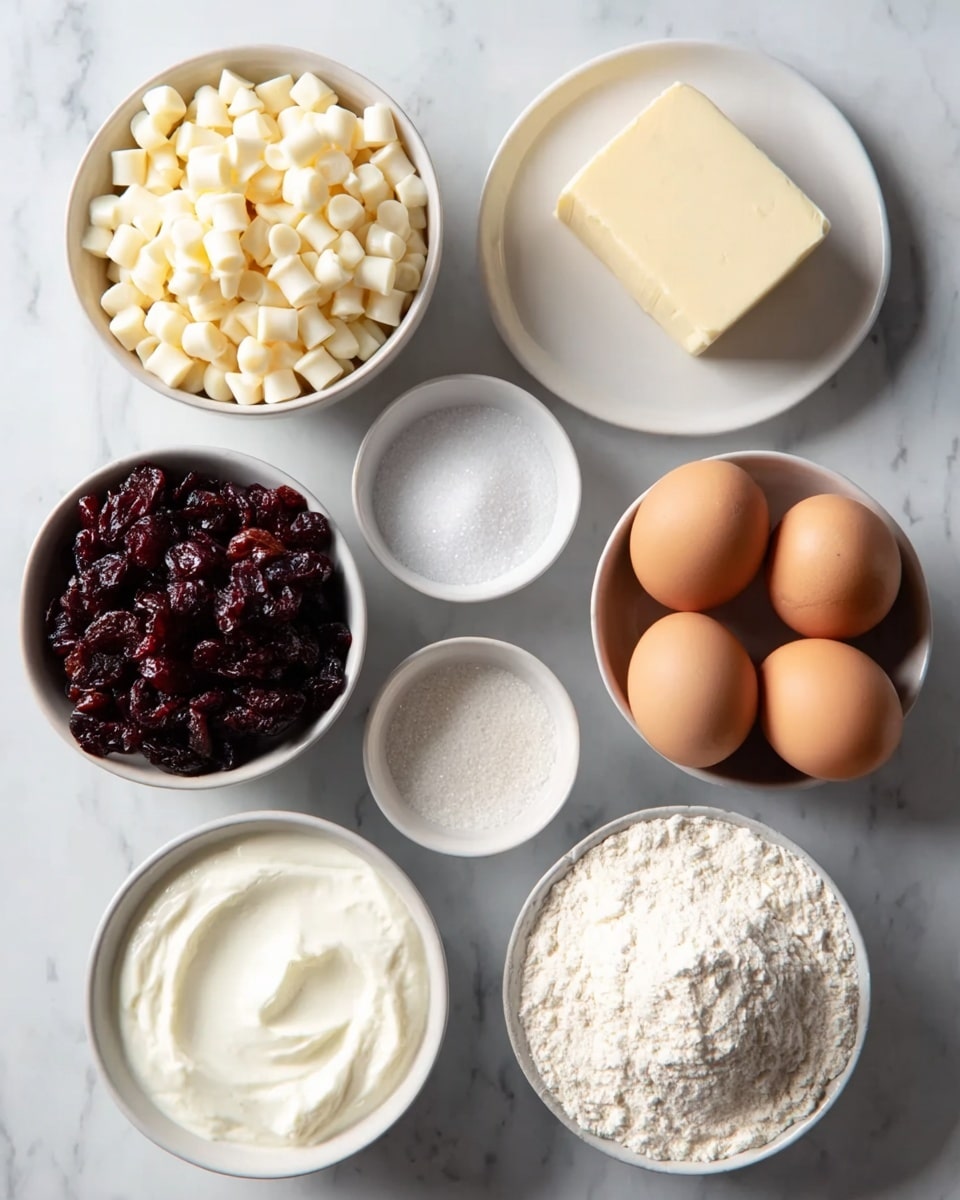 The image shows eight separate white bowls and plates neatly arranged on a white marbled surface. The top left bowl is filled with small, white, cylindrical pieces resembling white chocolate chips. To the right is a white plate holding a block of light cream-colored butter with a slight indentation on one side. Below the chips is a bowl filled with dark red cranberries mixed with wrinkled dried fruits. Centered are four light brown eggs, arranged close together. In the middle are two small white bowls, one with granulated white sugar and the other with white salt. The bottom left bowl contains thick, smooth white yogurt, and the bottom right bowl is filled with white flour slightly piled up. The lighting is soft and natural, highlighting the textures and colors. photo taken with an iphone --ar 4:5 --v 7