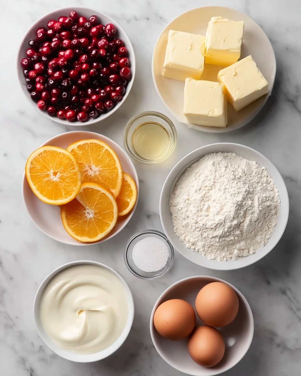 The image shows a top view of several white bowls and three eggs placed on a white marbled surface. One bowl contains bright red cranberries, another has three large cubes of cream-colored butter. There are three orange slices next to a small bowl filled with clear liquid, likely juice. Another small bowl contains white sugar, and two larger bowls hold white flour and thick white yogurt, respectively. The three brown eggs are placed directly on the surface near the bowls, all arranged neatly and evenly spaced. Photo taken with an iphone --ar 4:5 --v 7