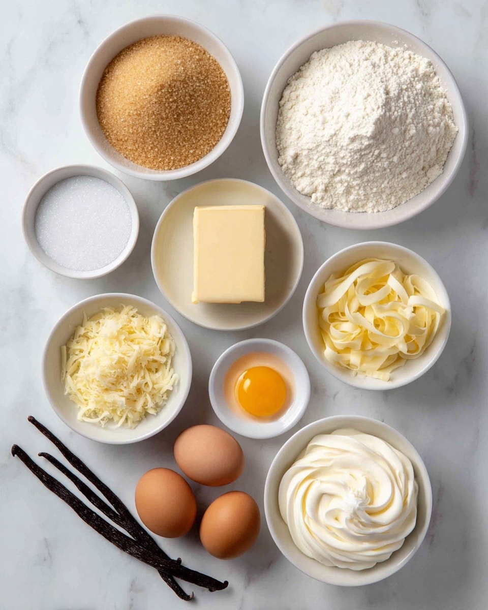 A group of white bowls arranged on a white marbled surface, each filled with different baking ingredients. The top left bowl holds light brown sugar with a grainy texture, while next to it on the right, a larger bowl contains white flour, fluffy and slightly clumpy. Below the flour, a bowl shows a smooth block of pale yellow butter. In the center, a small bowl contains a raw egg yolk surrounded by its clear white. To the left of that, there is a small bowl of fine white sugar and another bowl with soft, shredded butter curls. Three brown eggs are placed near the bottom left, next to three long, dark brown vanilla pods lying parallel. On the bottom right, a white bowl is filled with a swirl of thick white cream. The setup looks clean and ready for baking photo taken with an iphone --ar 4:5 --v 7