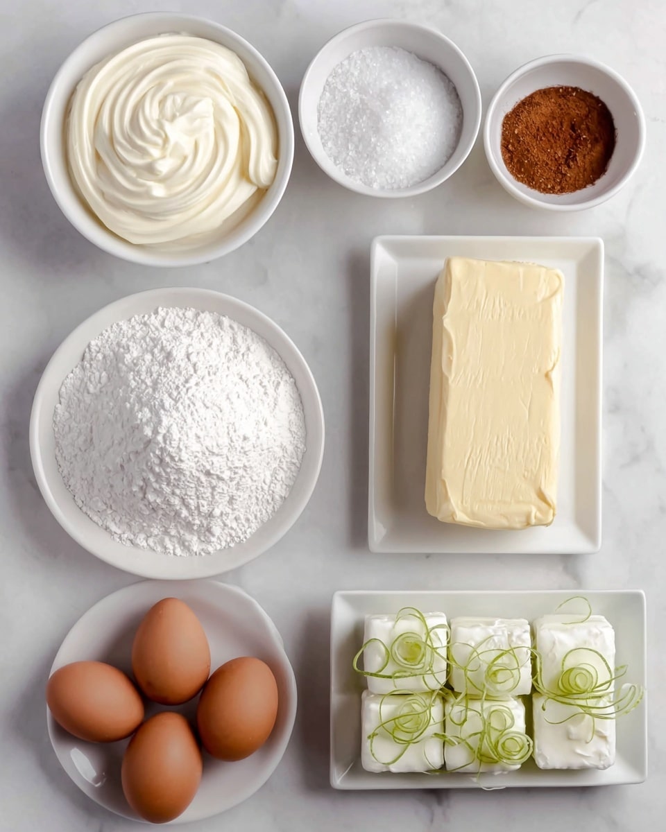 The image shows a top view of seven baking ingredients neatly arranged on a white marbled texture. There's a white bowl filled with smooth, swirled white cream in the top left, next to a white bowl of coarse white salt and another with a fine brown powder spice. Below them is a rectangular block of pale yellow butter on a white plate, with a textured surface showing spread marks. In the bottom left corner, four smooth brown eggs rest closely together. Next to them, a white plate holds a large mound of fine white powdered sugar. On the bottom right is a small white rectangular dish with five pieces of white fat cubes topped with thin green lime zest curls. All ingredients are clean and well displayed. Photo taken with an iphone --ar 4:5 --v 7