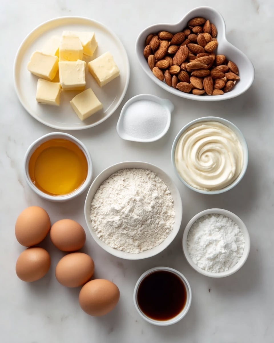 The image shows an overhead view of several white bowls and plates arranged on a white marbled surface, each holding different baking ingredients. Starting from the top left, a white plate is filled with light yellow cubes of butter. To its right, in a uniquely shaped white bowl, are whole almonds with a brown, smooth texture. Below the butter plate, there is a small white bowl filled with white granulated sugar. Next to it is a slightly larger bowl fully packed with fine white flour. Below the sugar bowl is a smaller container holding golden honey, and adjacent to it is another bowl with dark brown vanilla extract. To the right of this, a small white bowl contains a creamy, white swirl of sour cream. At the bottom left corner, there are five brown eggs grouped together on the marble surface, and finally, to the right of the eggs, there is a tiny white bowl with white baking powder. The arrangement is clean and well organized, all placed on a smooth white marbled background photo taken with an iphone --ar 4:5 --v 7