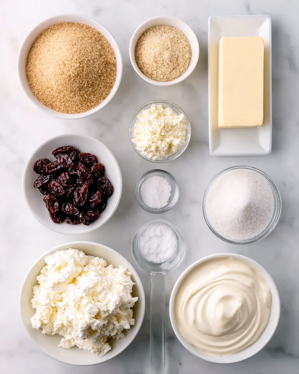 The image shows a top-down view of nine bowls and plates arranged neatly on a white marbled surface, each containing different ingredients. At the top left is a medium white bowl filled with light brown sugar, its texture grainy and uneven. To the right is a rectangular white plate holding a solid pale yellow block of butter. Below the brown sugar is a small clear glass bowl with a crumbly white ingredient, while to its right is a larger clear bowl filled with fine white sugar. Next, there are two small white bowls containing dark brown and almost black dried fruits with a shiny texture, placed vertically. Below the clear bowl of sugar is a small clear spoon-shaped dish holding a white powdery substance. Nearby sits a small clear bowl of coarse salt. At the bottom left, a white bowl shows a heap of soft, creamy white cheese with a slightly lumpy texture, and to its right, another white bowl contains smooth, swirled white cream. The overall look is clean and bright, with the ingredients clearly visible and well-organized. photo taken with an iphone --ar 4:5 --v 7