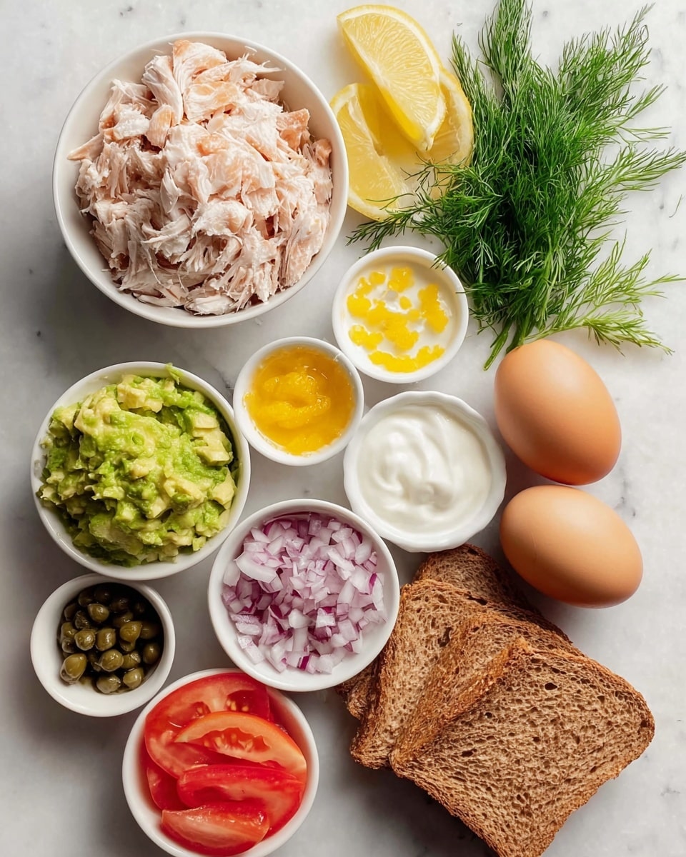 The image shows various ingredients arranged on a white marbled surface. At the top left, there is a white bowl filled with shredded light pink fish. Next to it on the right, fresh green dill sprigs are placed. Below the fish bowl, two brown whole eggs rest side by side. Surrounding the eggs are a few lemon wedges with bright yellow flesh. Small white bowls hold finely chopped red onions, yellow mustard sauce, small green capers, and white creamy sauce, all positioned in the middle area. To the left bottom corner, a white bowl contains mashed avocado with a chunky texture. Near the center bottom, three slices of red tomato are stacked. At the bottom right, there are three pieces of toasted brown bread stacked slightly overlapping. Photo taken with an iphone --ar 4:5 --v 7