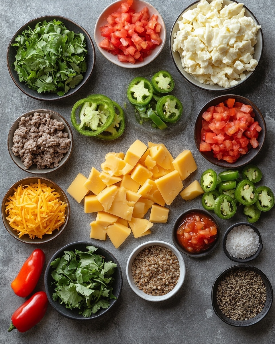 A close-up view of one large layer of creamy cheese dip mixed with ground meat and small red bits, likely tomatoes or peppers, all blended together in a shiny silver container. The dip is orange-yellow in color with a smooth and slightly chunky texture. On top, fresh green chopped herbs are sprinkled evenly across the surface. A metal spoon is partially inserted into the dip, stirring it lightly. The background shows a white marbled texture. Photo taken with an iphone --ar 4:5 --v 7