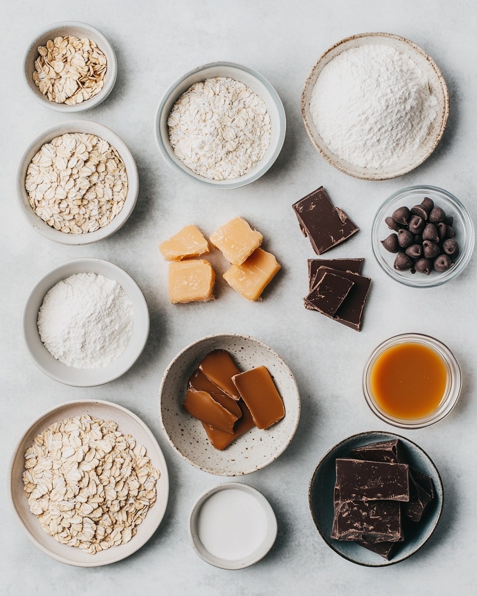 The image shows a stack of three thick square bars with visible layers: a crumbly light brown oat layer on top, a middle layer of melted chocolate chips and soft caramel dripping down the sides, and a denser oat and chocolate chip base layer. Around the stack are scattered caramel pieces, chocolate chips, and more square bars with the same layers. A white bowl full of chocolate chips is in the background along with two glasses of milk, all set on a white marbled surface. photo taken with an iphone --ar 4:5 --v 7