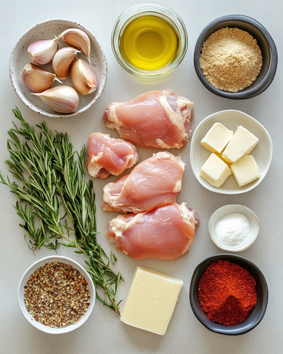 The image shows a close-up of five browned pieces of chicken in a shiny metal pan filled with thick creamy sauce. The sauce is light orange, speckled with darker spices, and covers parts of the chicken. Some small green herbs are sprinkled on top, adding a fresh touch. A silver spoon rests in the sauce on the right side, slightly lifted from the pan. The background is a white marbled surface. Photo taken with an iphone --ar 4:5 --v 7