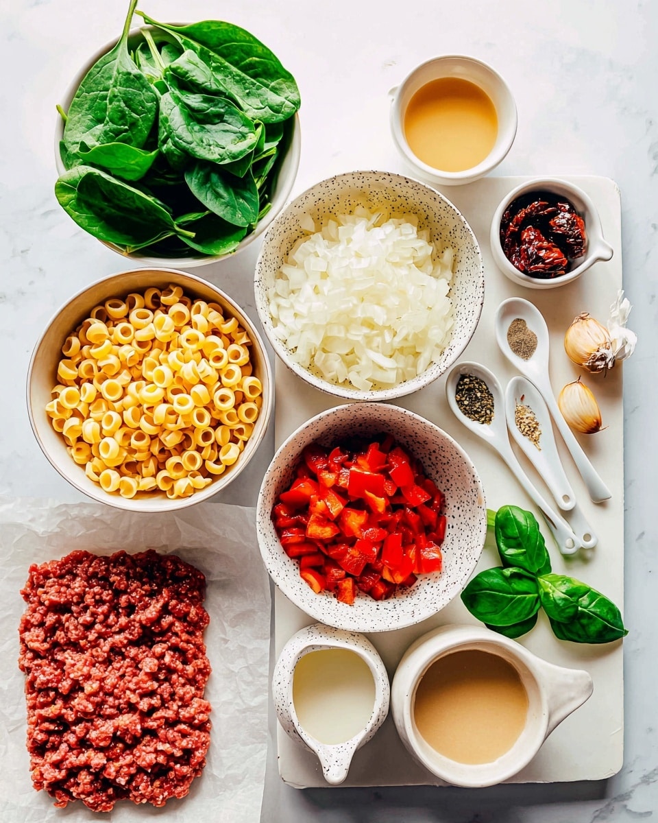 The image shows various ingredients arranged neatly on a white marbled surface. At the center bottom, a white bowl is filled with small yellow pasta shells. Above it, there is a bowl with white chopped onions, and next to it, a bowl with bright red diced bell peppers. To the right of the onions, a white bowl with black speckles holds dark red dried tomatoes soaked in oil. In the top right corner, a white plate holds three garlic cloves and three white spoons with dried herbs and spices. Below that plate, fresh green basil leaves are placed to the right, and below them, two small white pitchers hold a light brown liquid and a white creamy liquid. On the left side, a white plate contains fresh green spinach leaves, and beside it, a tray lined with white paper holds raw ground meat with a reddish color. Photo taken with an iphone --ar 4:5 --v 7