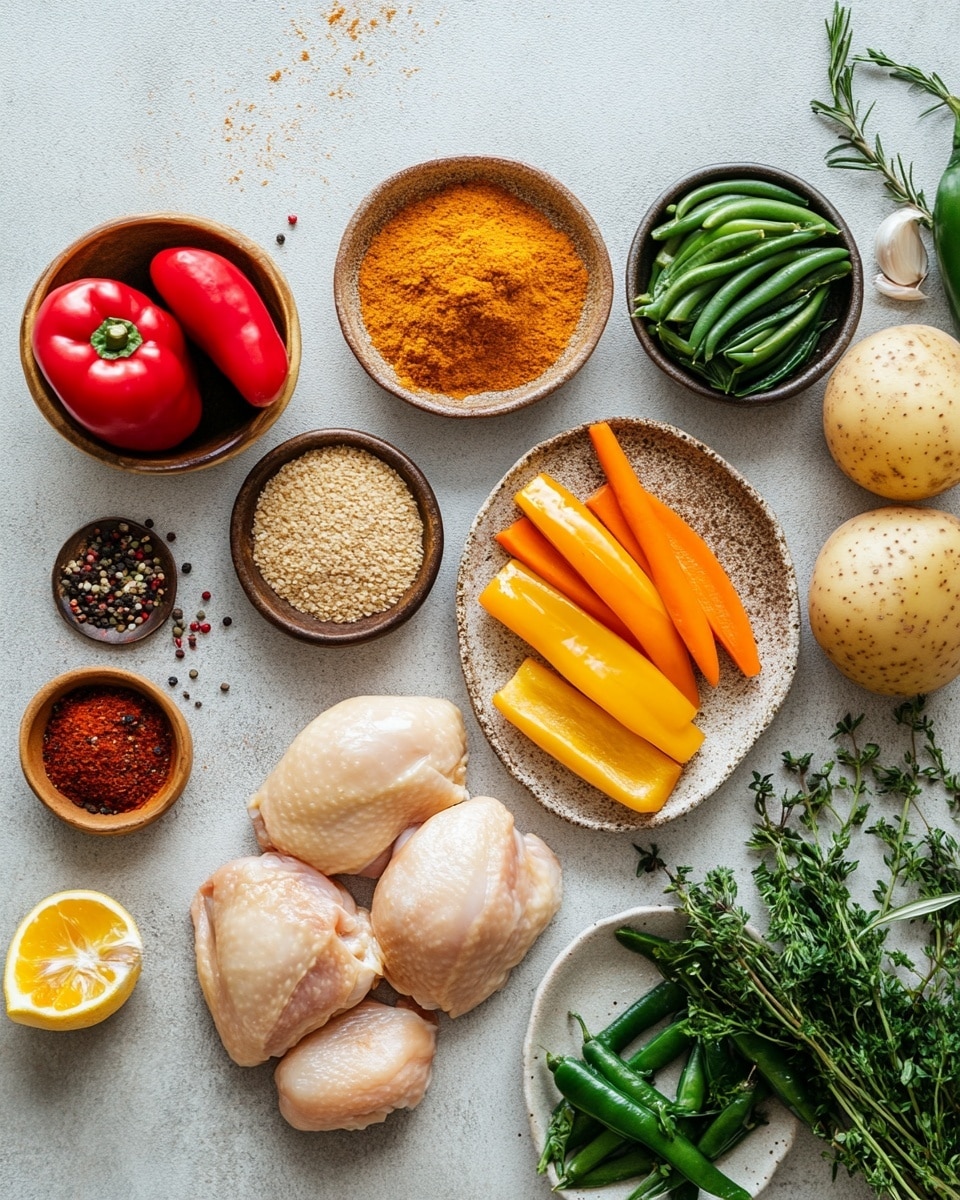 A white round pot filled with a rich brown stew that covers several dark brown cooked chicken pieces scattered evenly throughout. The stew has visible chunks of yellow potatoes and small pieces of orange carrot, with bits of red and green peppers mixing in. A wooden spoon rests on the right side of the pot, partly submerged in the stew, and the pot is placed on a wooden surface with some green and red peppers and fresh herbs around it. An orange cloth lies near the pot's bottom right corner. photo taken with an iphone --ar 4:5 --v 7