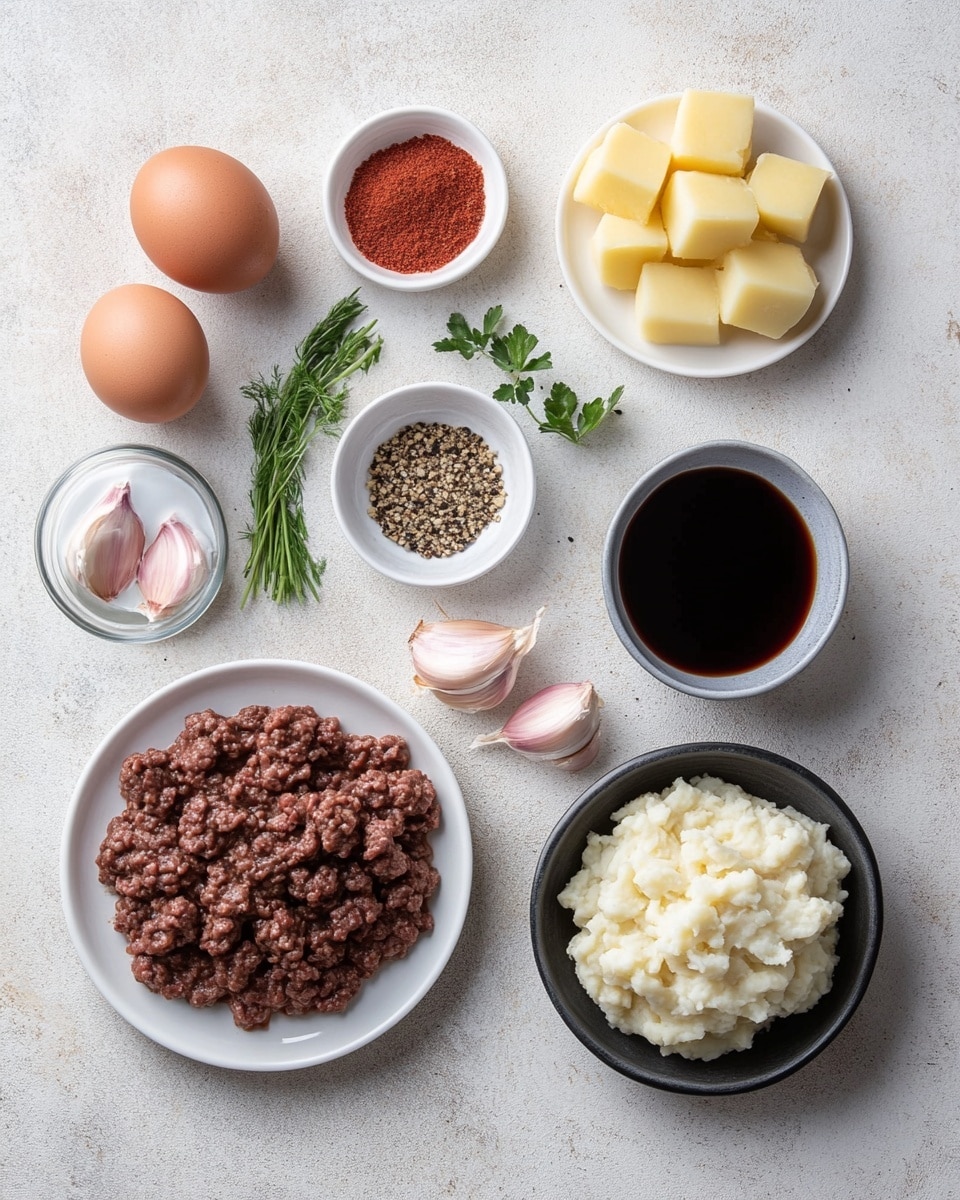 The dish shows a white plate with a base layer of smooth, creamy yellow mashed potatoes spread evenly and slightly raised at the edges. On top of the mashed potatoes are five round meatballs covered in a shiny brown gravy that also spreads over the potatoes. The meatballs have a slightly rough texture with some visible herbs inside. Fresh green chopped parsley is sprinkled over the meatballs and mashed potatoes, adding color contrast. Behind the plate is a blurred green leafy garnish. The whole setting is on a white marbled surface. Photo taken with an iphone --ar 4:5 --v 7