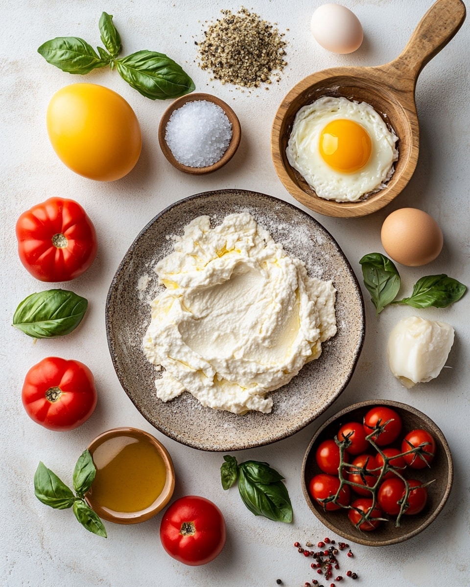 The image shows square puff pastries with golden, crispy edges arranged closely together on brown parchment paper. Each pastry has three layers: the bottom layer is a light, flaky puff pastry crust, the middle layer is a smooth, creamy white cheese spread spread evenly, and the top layer features slices of red and yellow cherry tomatoes with a slightly roasted look, sprinkled with small pieces of fresh green basil and a light dusting of black pepper. The colors of red, yellow, white, and green create a vibrant contrast on the pastries. The pastries have a shiny finish, indicating a light glaze, and the background is a white marbled texture. Photo taken with an iphone --ar 4:5 --v 7