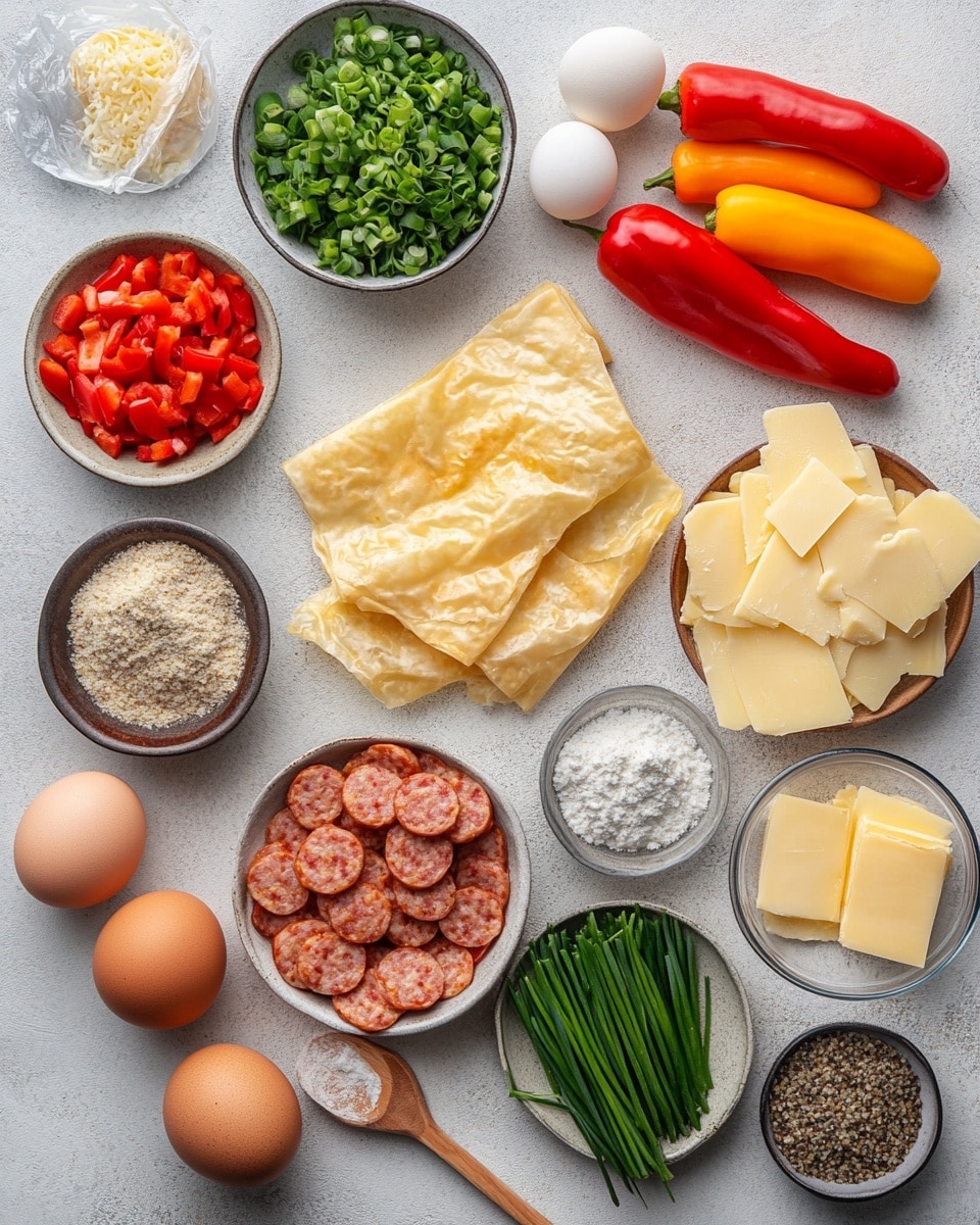 A white plate with a golden-brown flaky pastry folded and cut in half, showing a yellow scrambled egg filling mixed with small pieces of brown sausage and bits of red pepper inside; nearby are fresh strawberries with green tops and plump blueberries arranged on the left side of the plate; in the background on a white marbled surface, there are more pastries on white plates and two clear glasses filled with bright orange juice. Photo taken with an iphone --ar 4:5 --v 7