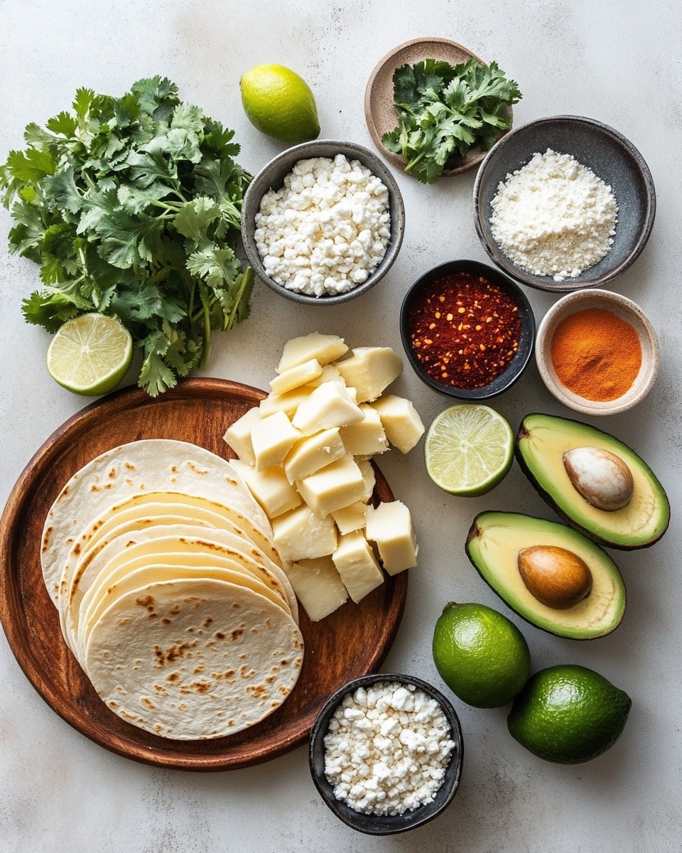 Three tacos are shown on a white plate with a white marbled texture background. Each taco has one yellow corn tortilla as the base layer with a slightly toasted texture. On top, there is a layer of grilled, browned chicken pieces with visible char marks. Scattered over the chicken are small white onion cubes and chopped green cilantro. A generous scoop of green guacamole sits in the center of the front taco, topped with small white crumbles of cheese and more chopped cilantro. The image is close up, showing the texture and colors vividly. photo taken with an iphone --ar 4:5 --v 7