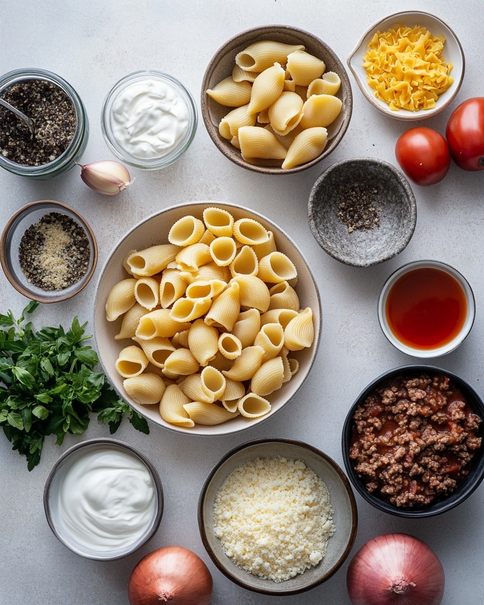 The image shows a close-up of many yellow pasta shells mixed with brown cooked ground meat. The meat is evenly spread throughout the pasta, and the shells have a slightly shiny texture from a light reddish sauce coating. Small green bits of chopped herbs are sprinkled over the dish, adding a touch of color contrast. The pasta shells are closely packed, creating a layered look with the meat filling in the spaces between the shells. The background is a white marbled texture. photo taken with an iphone --ar 4:5 --v 7