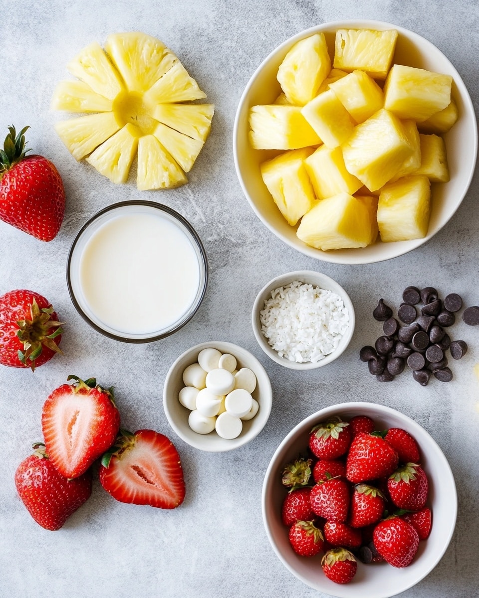 Two clear glass mason jars filled with light pink creamy smoothies, each topped with a black-and-white striped straw, a green leaf, and a strawberry half on the rim. The jars rest on a white marbled surface. To the right, a whole pineapple with green leaves stands tall. In front, there is a small white bowl with blue and white stripes filled with sliced almonds. A strawberry with green leaves lies near the bowl, alongside a few scattered almond slices. The background is a clean white tiled wall. photo taken with an iphone --ar 4:5 --v 7
