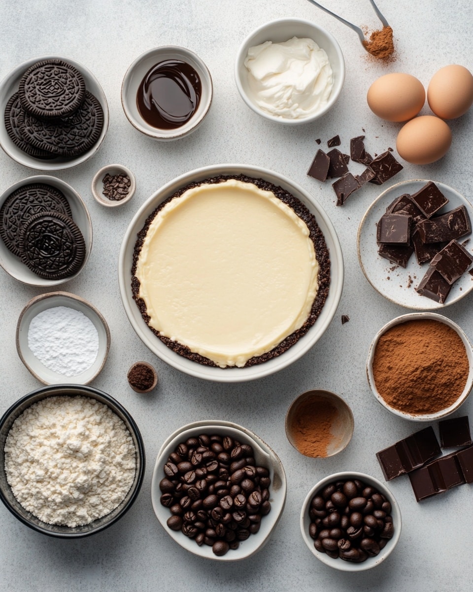 A slice of creamy coffee-flavored cheesecake with three layers: a dark crumbly cookie crust at the bottom, a thick light brown coffee mousse layer in the middle, and a shiny caramel brown glaze on top. The top is decorated with a swirl of light beige whipped cream, dark roasted coffee beans, and two small dark chocolate pieces. The cheesecake sits on a white plate with a subtle blue shading in the center, placed on a wooden board over a white marbled texture surface. A silver fork rests on the plate near the cake with a few coffee beans scattered around. Photo taken with an iphone --ar 4:5 --v 7